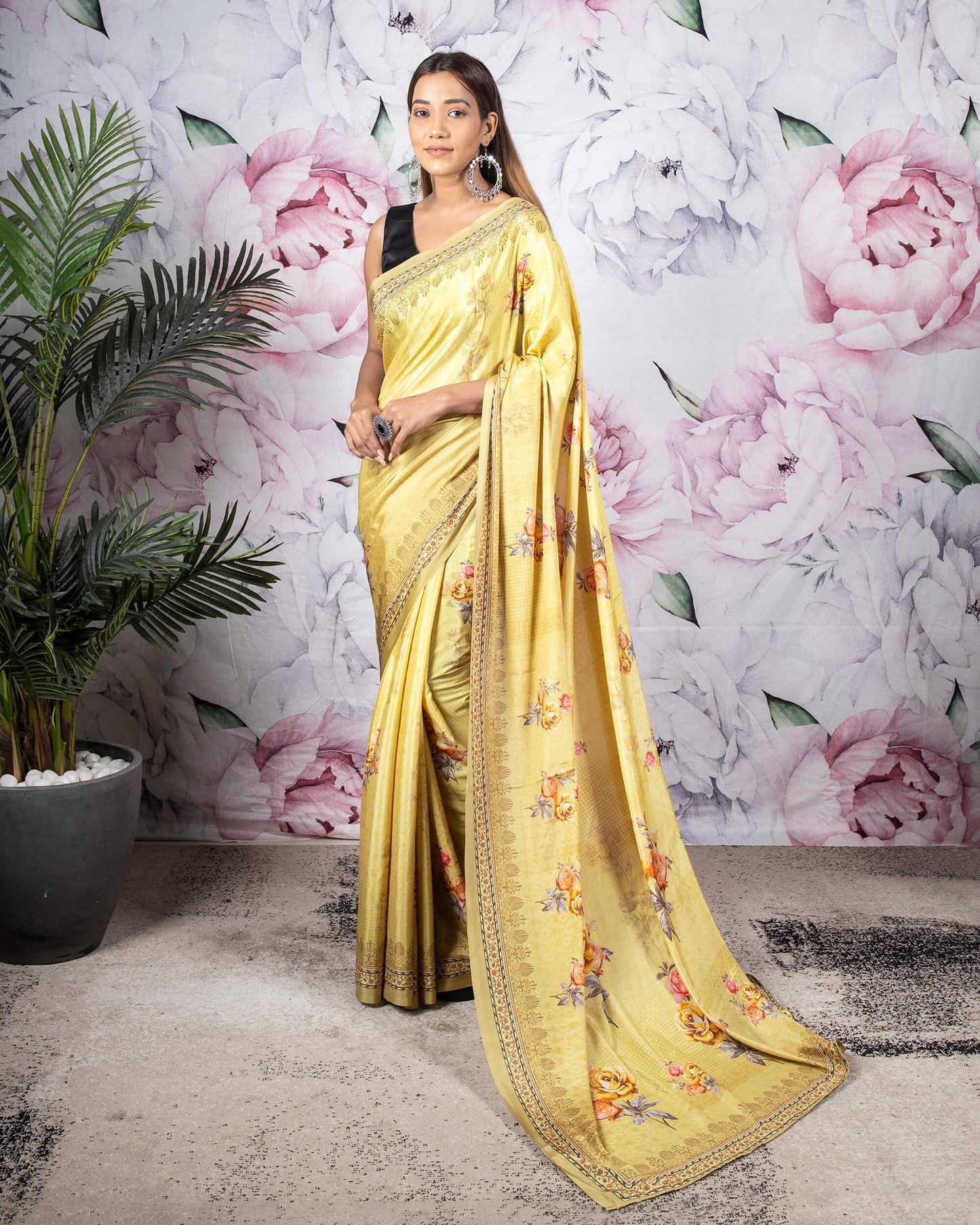 Dijon Yellow And Pink Floral Pattern Digital Print Crepe Silk Saree