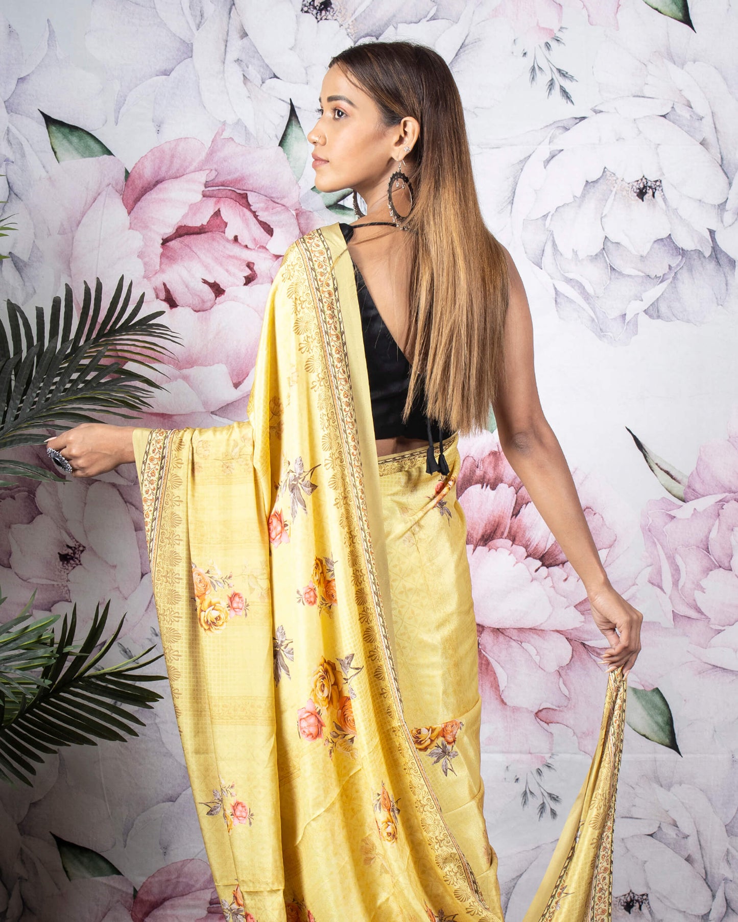 Dijon Yellow And Pink Floral Pattern Digital Print Crepe Silk Saree
