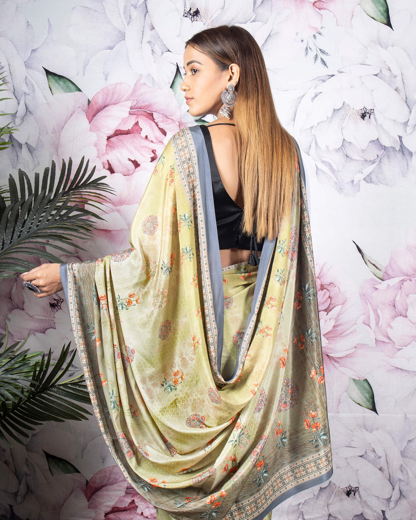 Olive Green And Orange Floral Pattern Digital Print Crepe Silk Saree