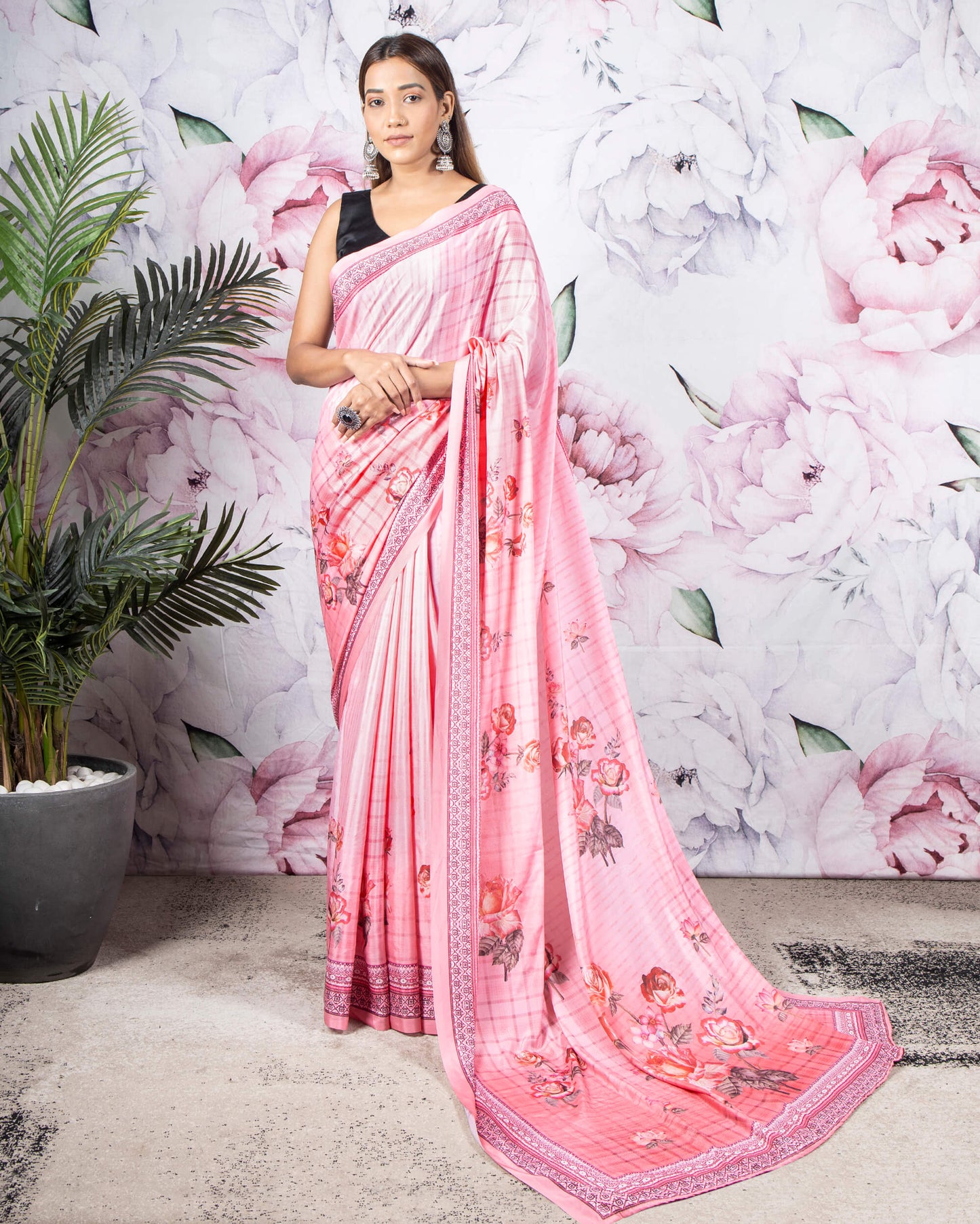 Taffy Pink Floral Pattern Digital Print Crepe Silk Saree