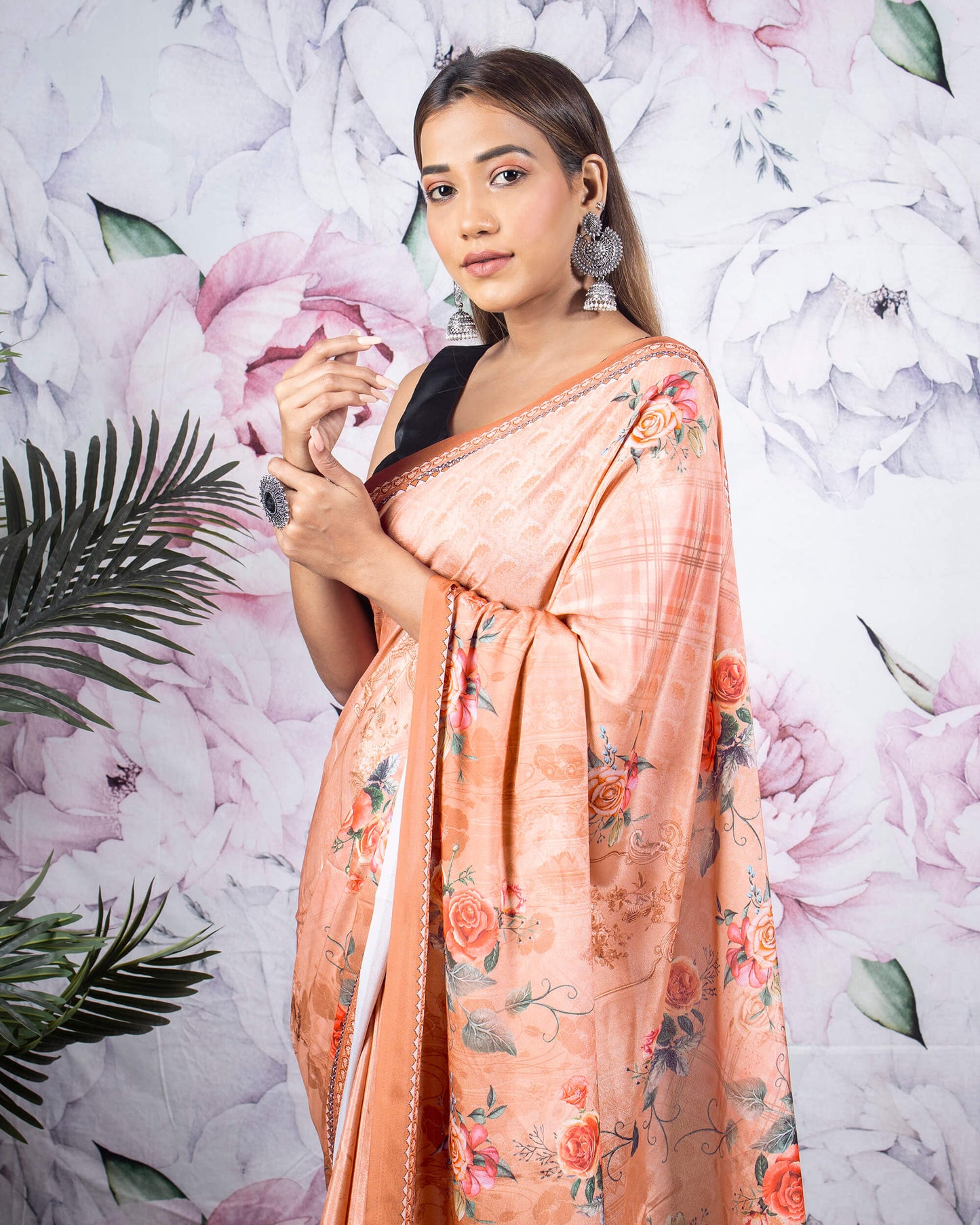 Sandy Brown And Pink Floral Pattern Digital Print Crepe Silk Saree