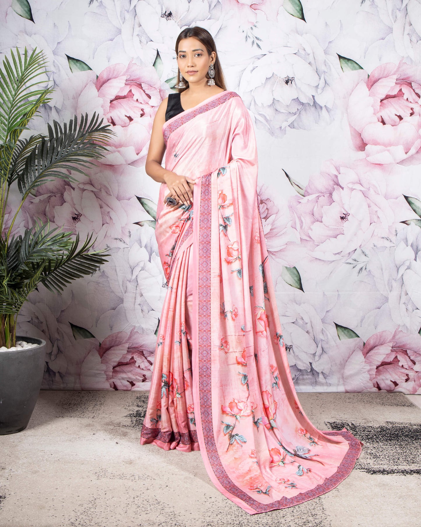 Pink And Green Floral Pattern Digital Print Crepe Silk Saree
