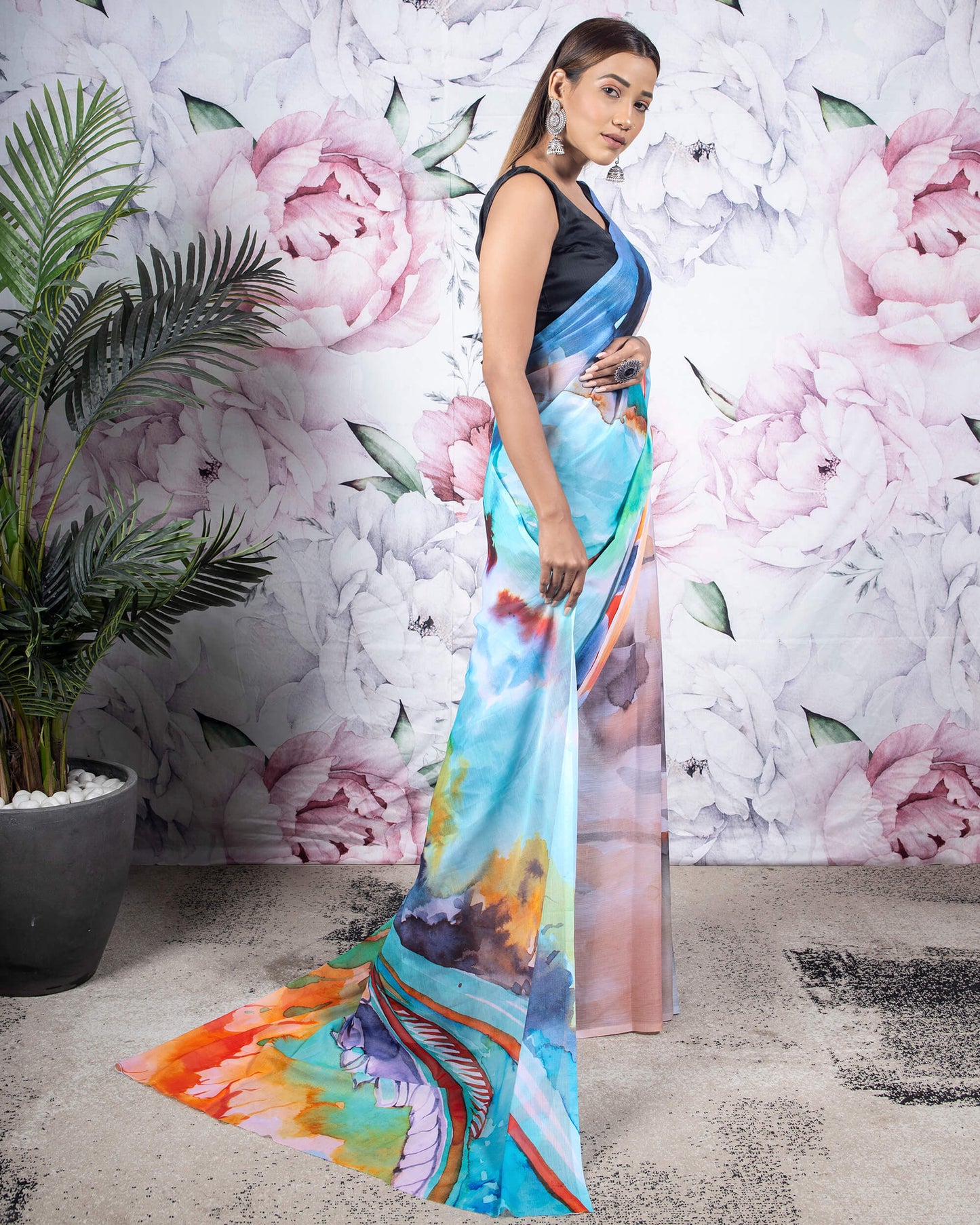 Sky Blue And Orange Abstract Pattern Digital Print Chiffon Saree