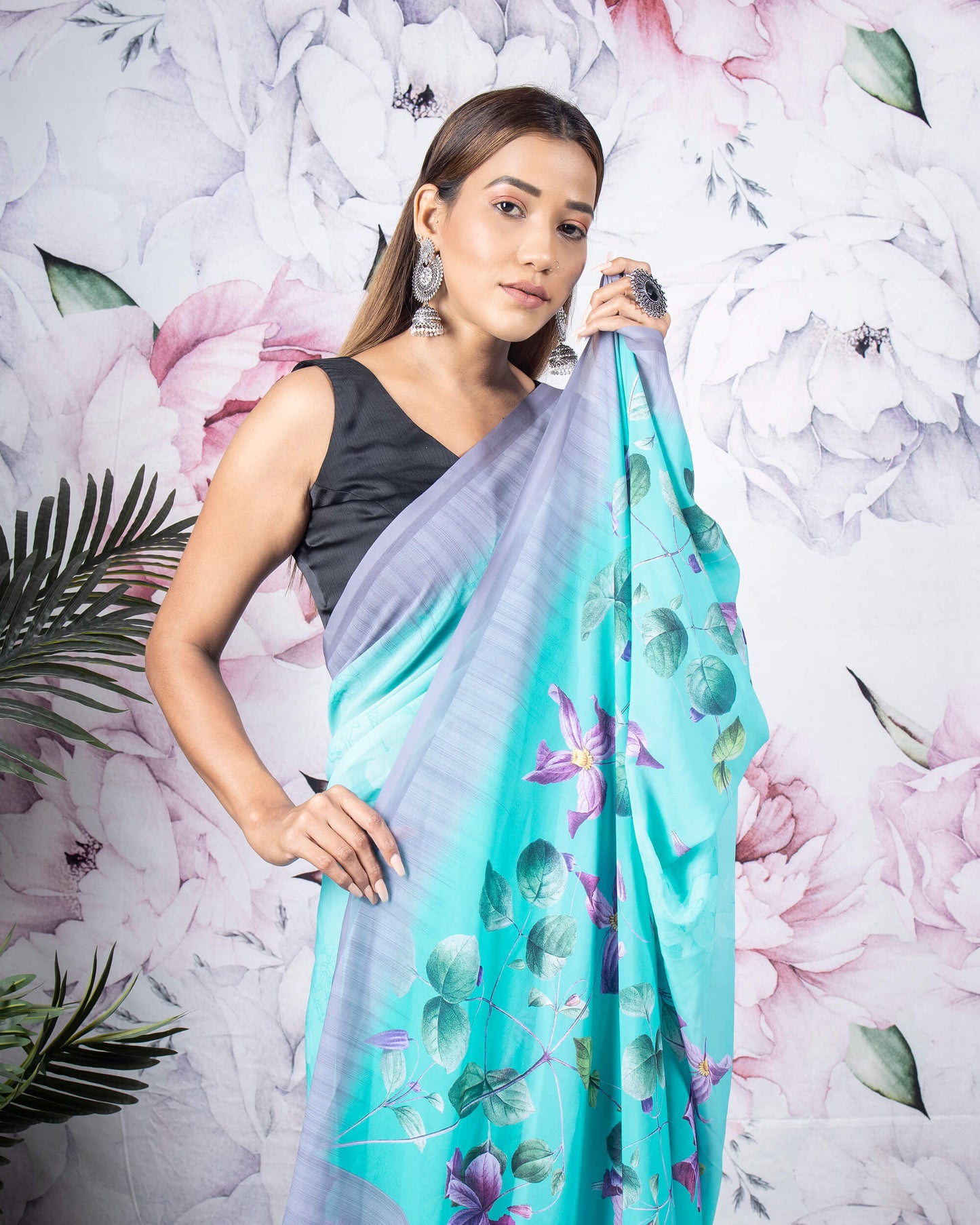 Bondi Blue And Purple Floral Pattern Digital Print Georgette Saree With Tassels