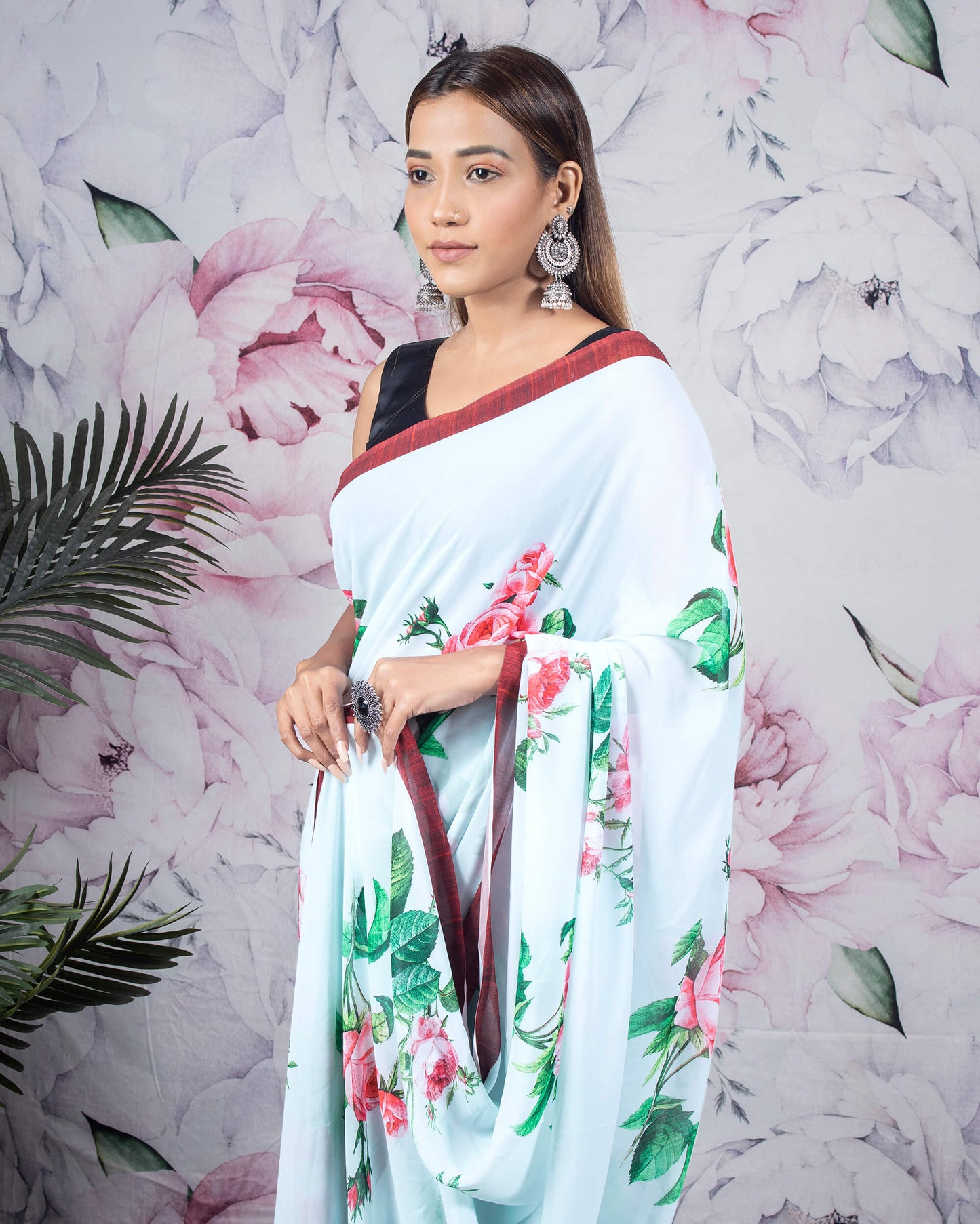 Baby Blue And Pink Floral Pattern Digital Print Georgette Saree