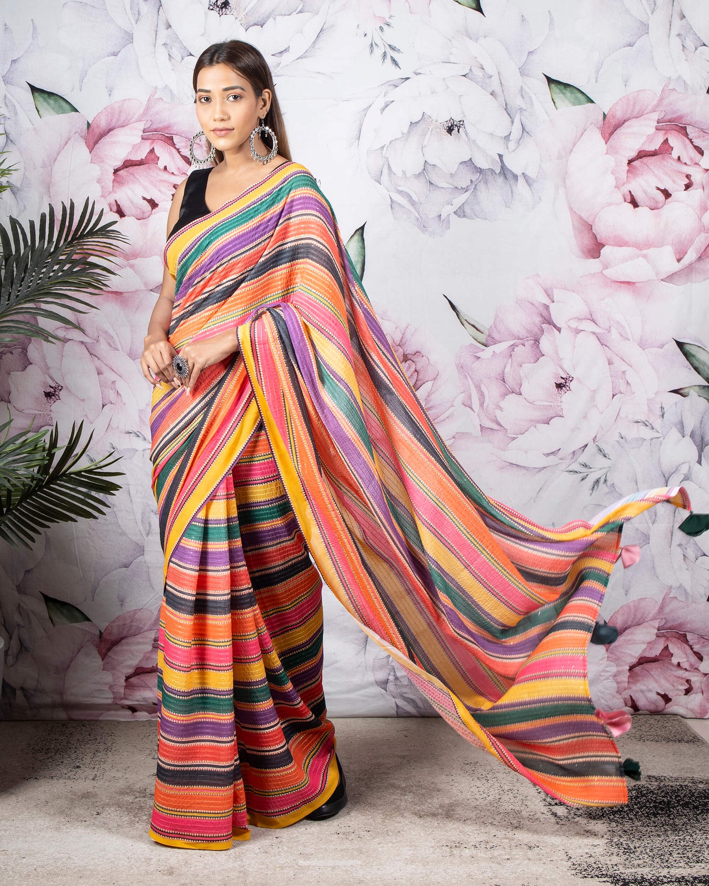 Multi-Color Stripes Pattern Sequins Georgette Saree With Tassels
