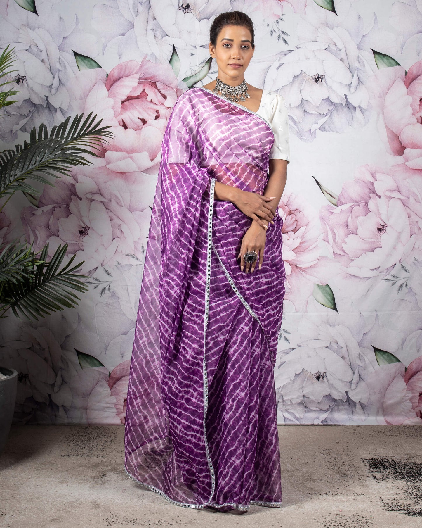 Eggplant Purple And White Shibori Pattern Organza Saree With Mirror Work Lace Border