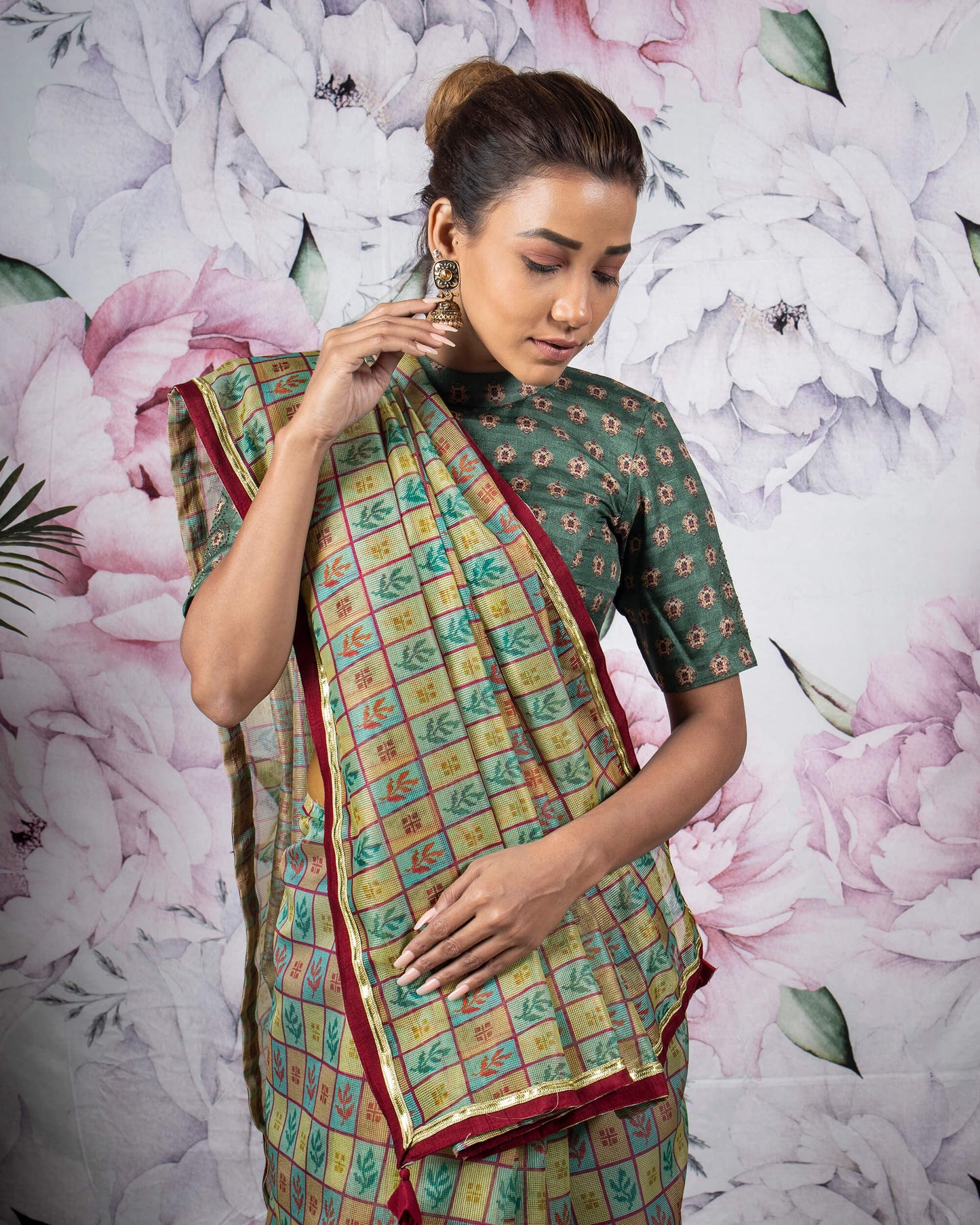 Green And Red Leaf Pattern Digital Print Kota Doria Saree With Tassels