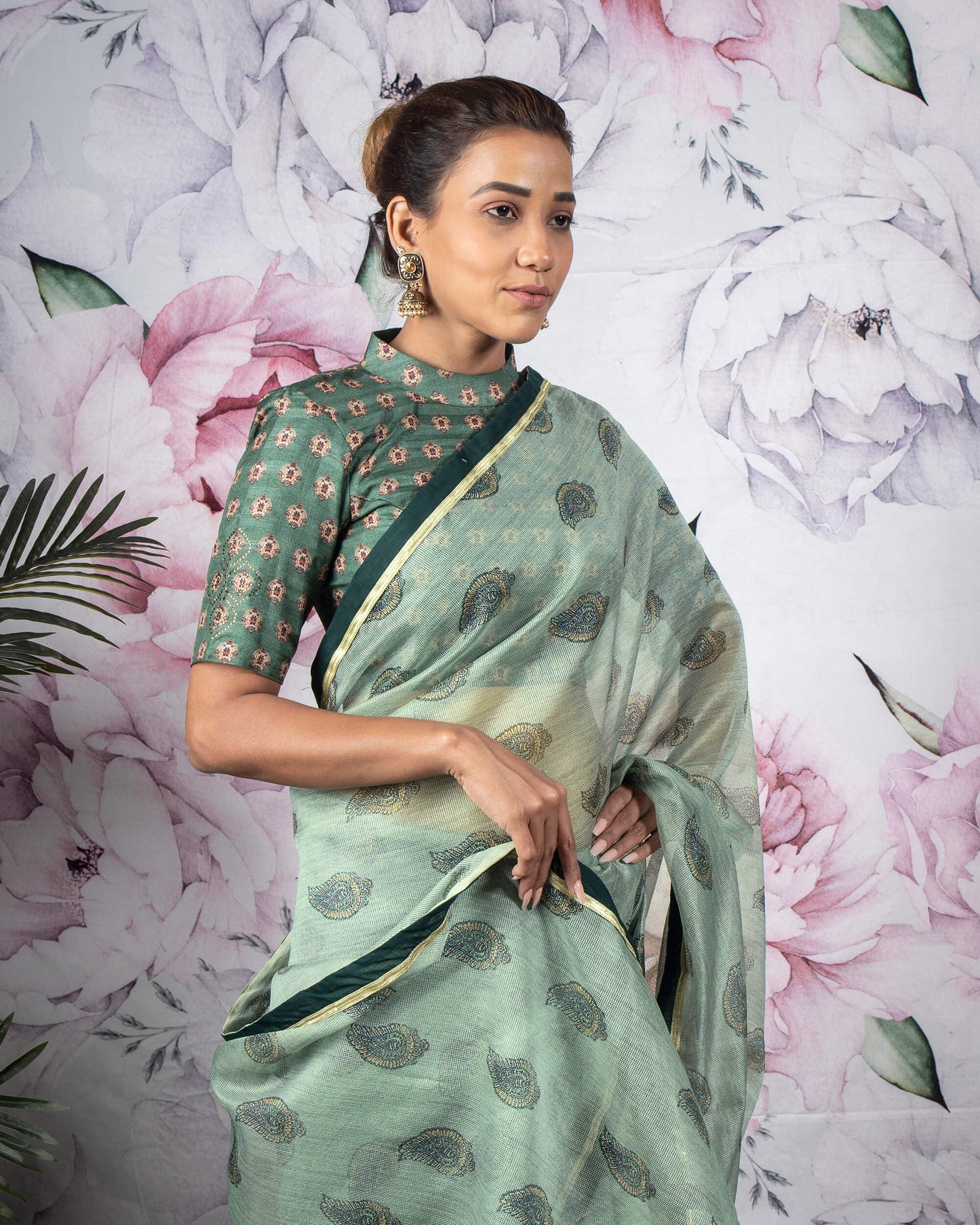 Summer Green Paisely Pattern Digital Print Kota Doria Saree With Lace Border