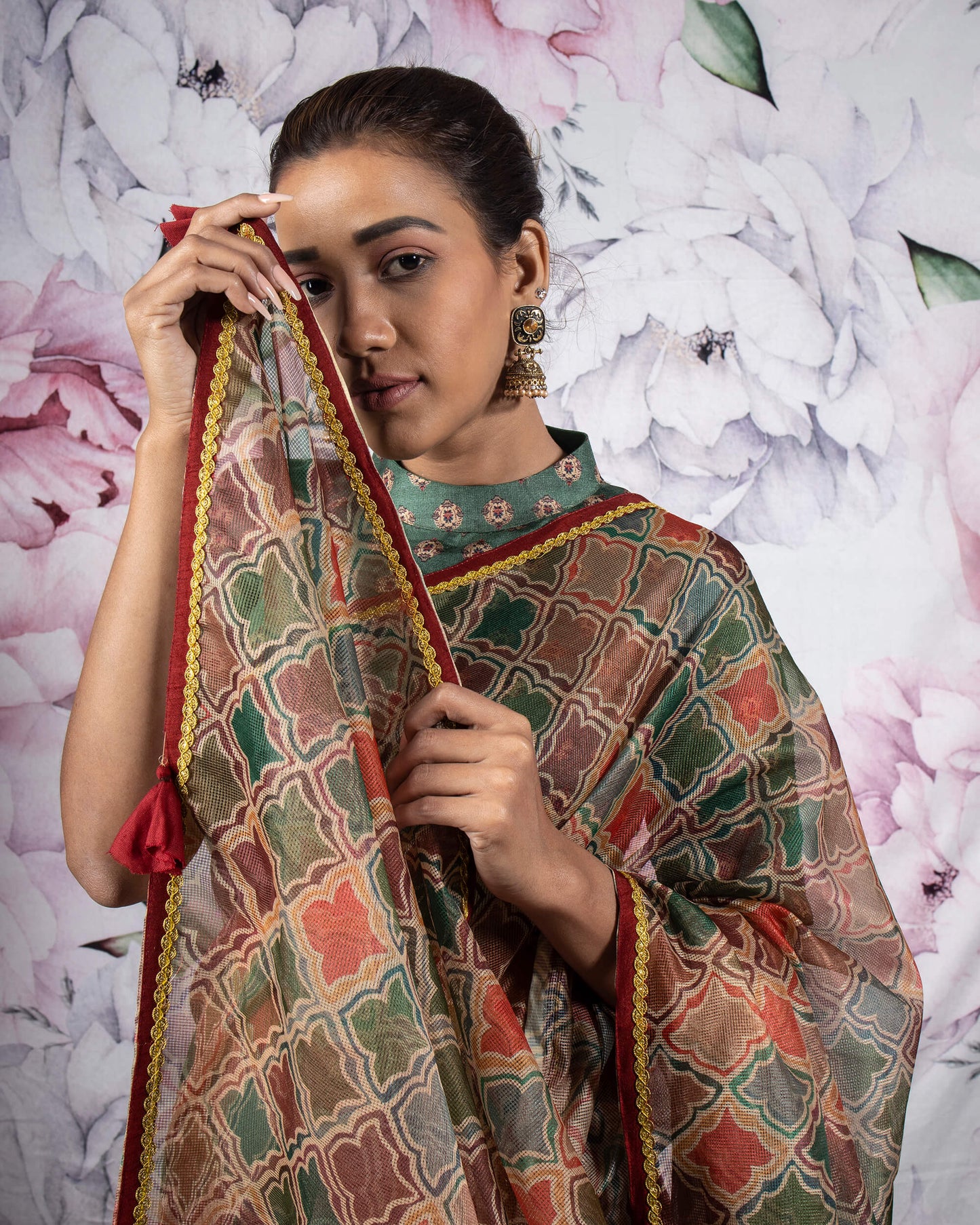 Red And Green Traditional Pattern Digital Print Kota Doria Saree With Zari Lace Border