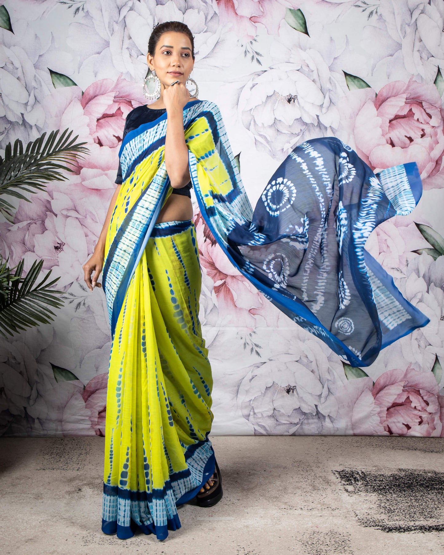 Bumblebee Yellow And Blue Shibori Pattern Digital Print Chiffon Saree