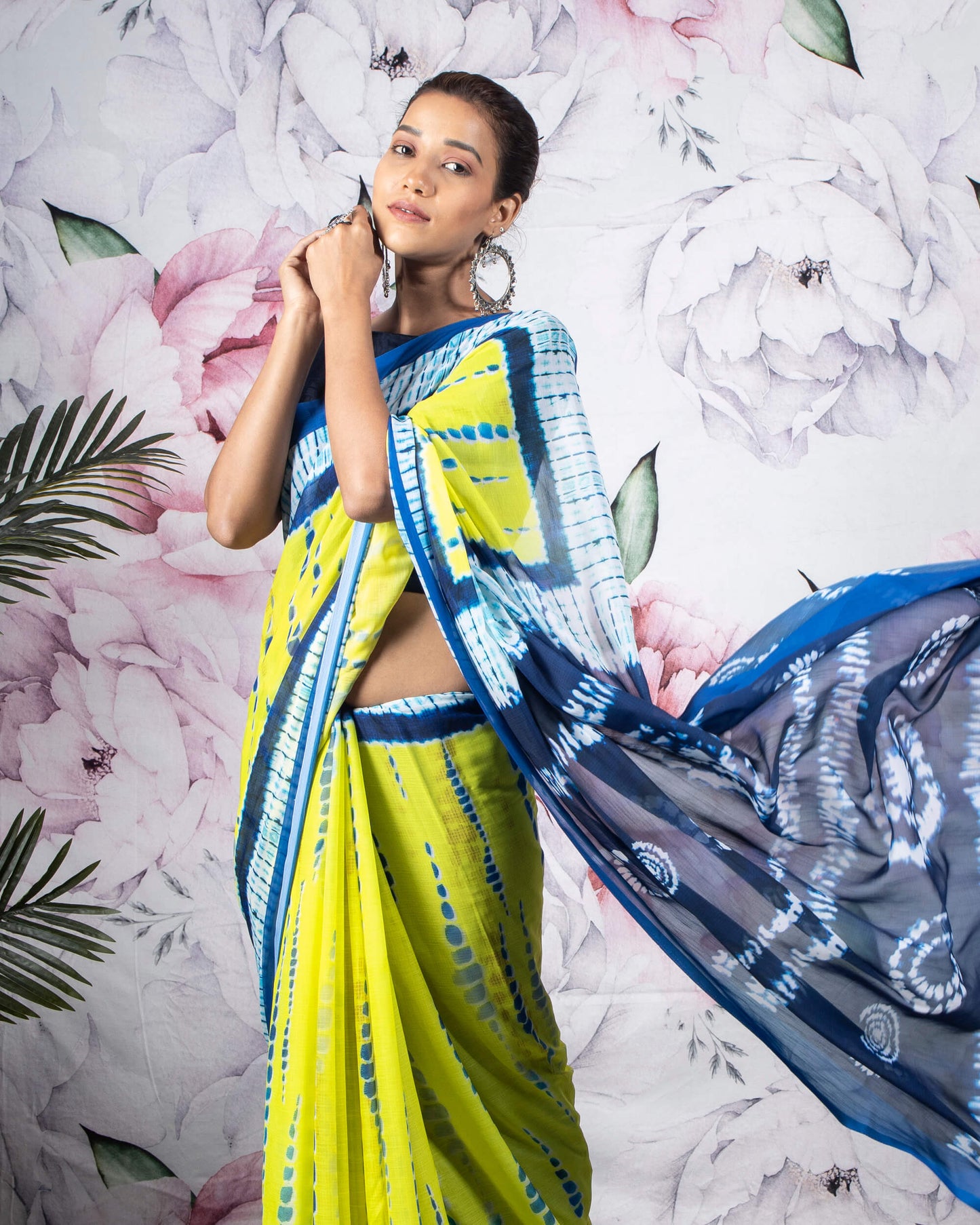 Bumblebee Yellow And Blue Shibori Pattern Digital Print Chiffon Saree