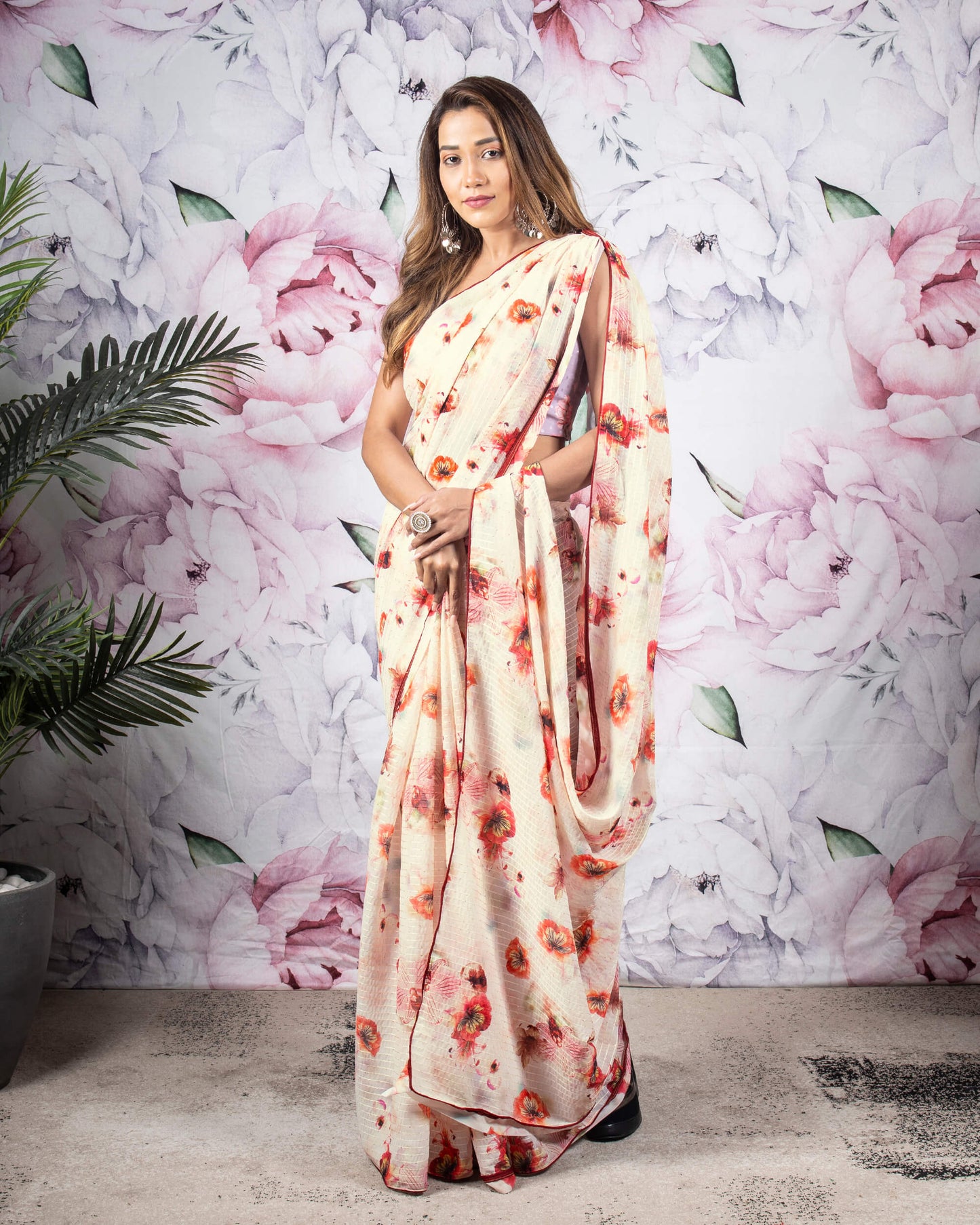 Oat Beige And Red Floral Pattern Sequins Georgette Saree With Satin Border