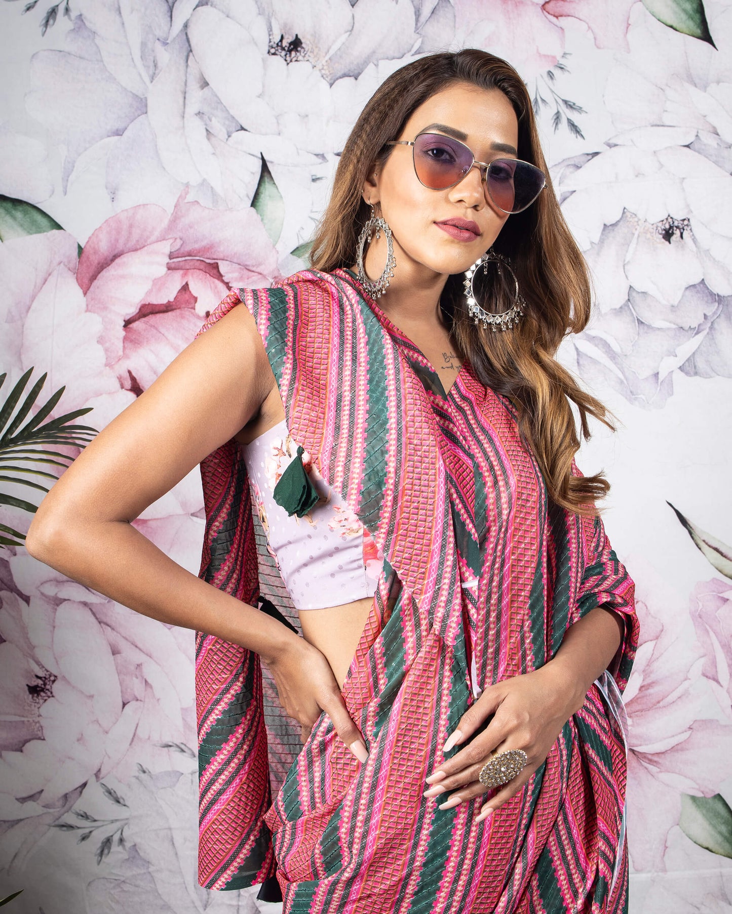 Red And Green Stripes Pattern Sequins Georgette Saree With Tassels