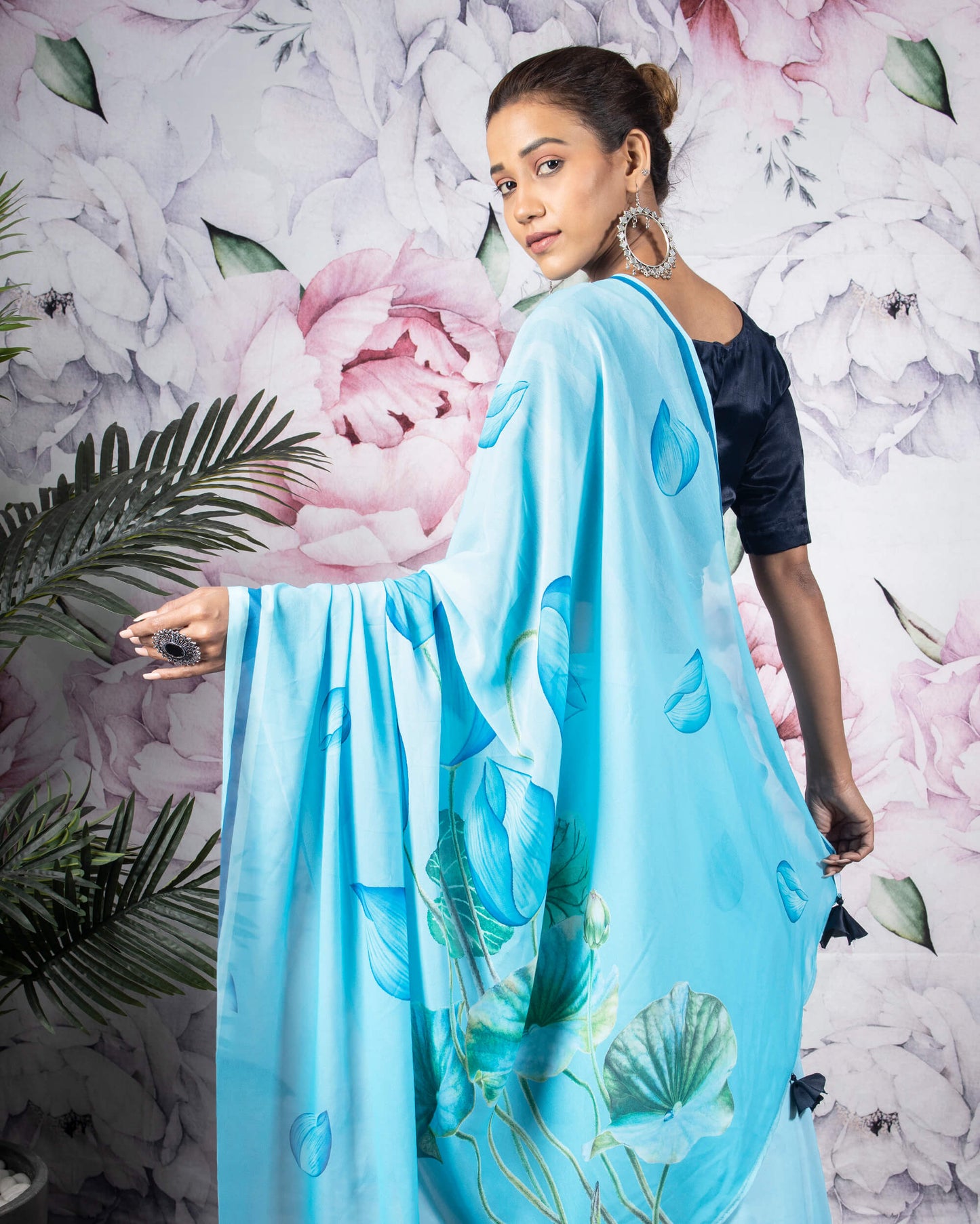 Baby Blue And Green Floral Pattern Digital Print Georgette Saree With Tassels