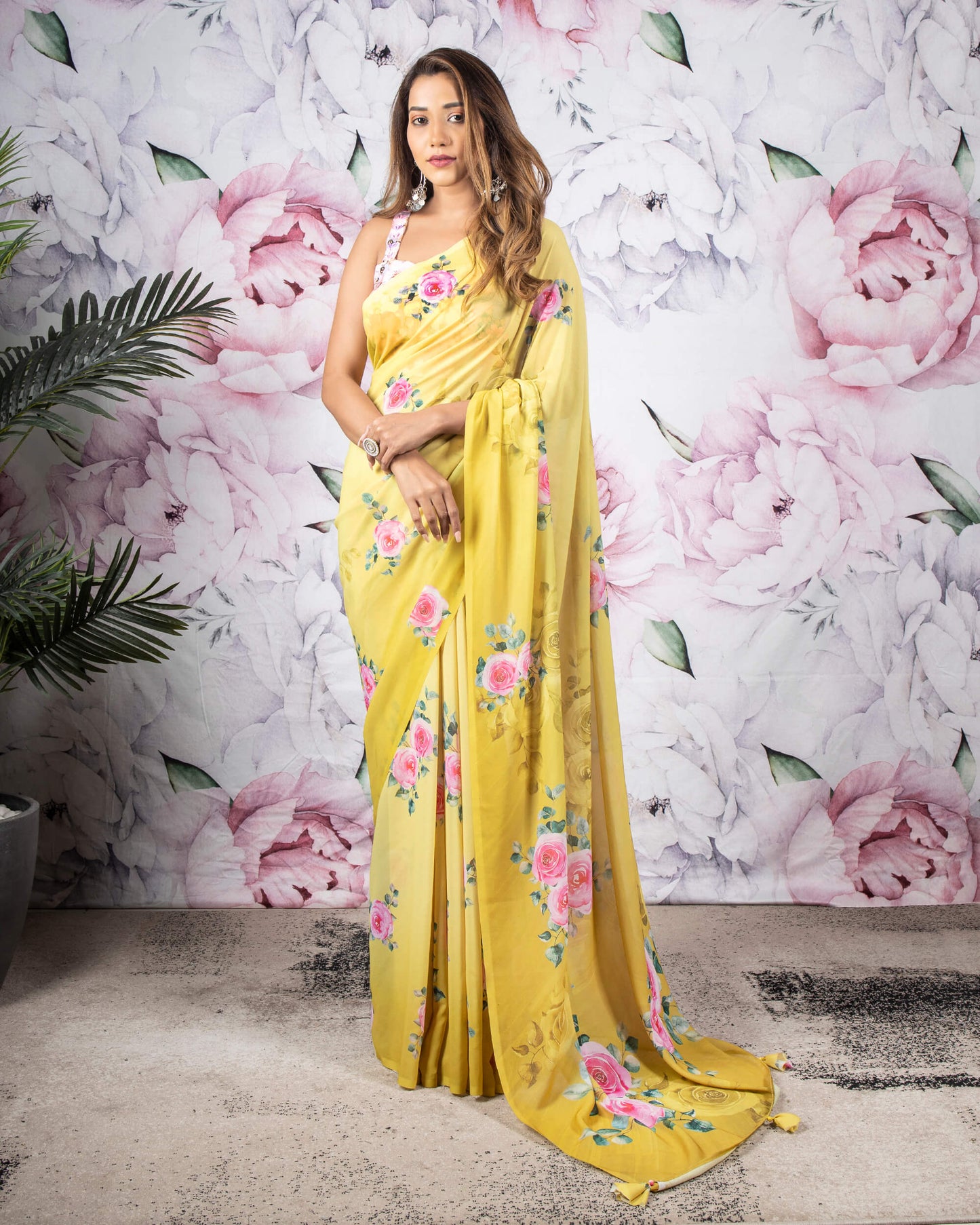 Medallian Yellow And Pink Floral Pattern Digital Print Georgette Saree With Tassels