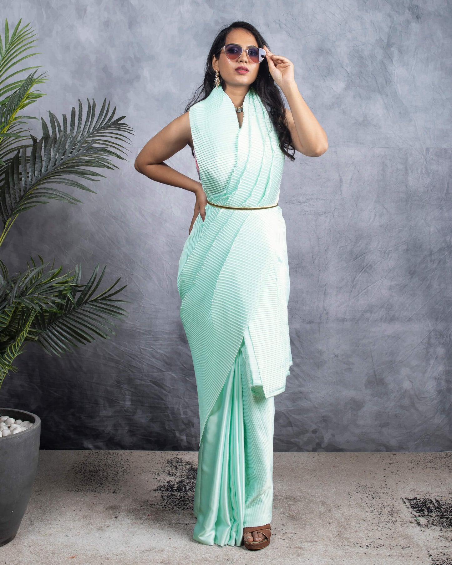 Mint Green Plain Half Pleated Japan Satin Saree