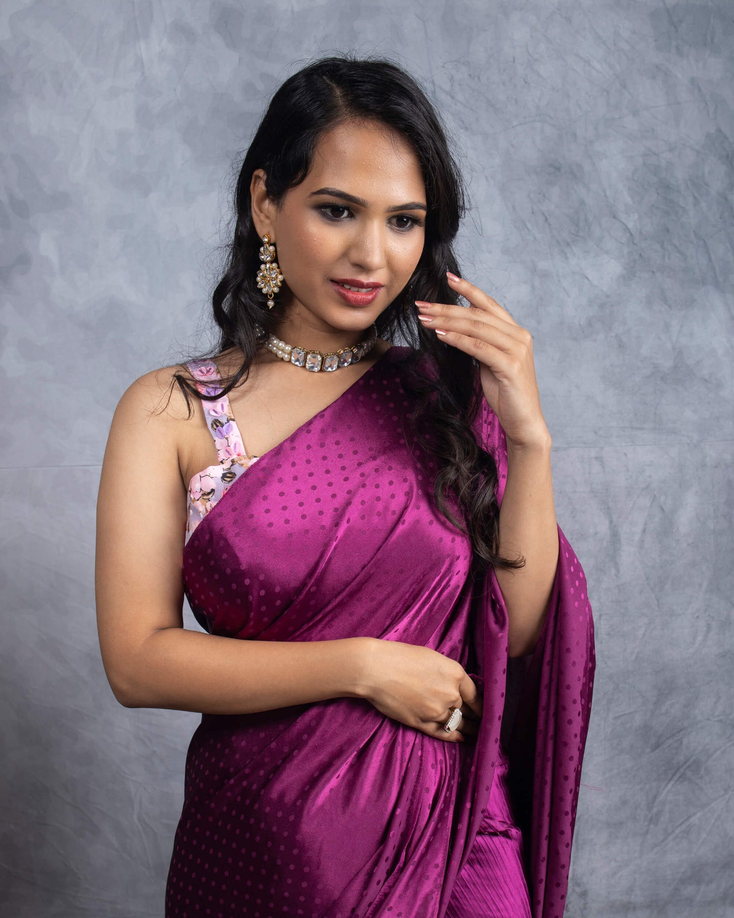 Wine Purple Plain Half Pleated Jacquard Booti Japan Satin Saree