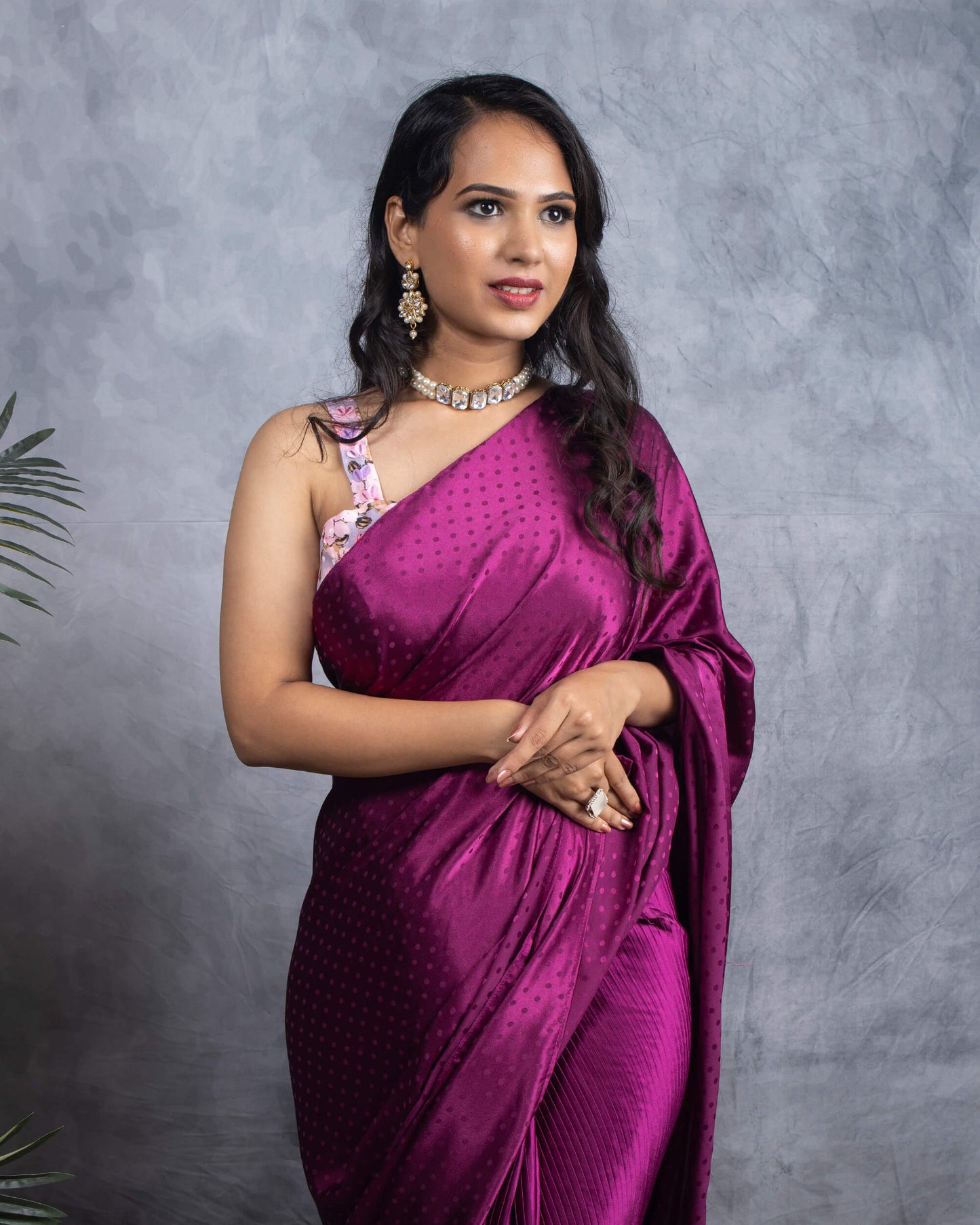 Wine Purple Plain Half Pleated Jacquard Booti Japan Satin Saree
