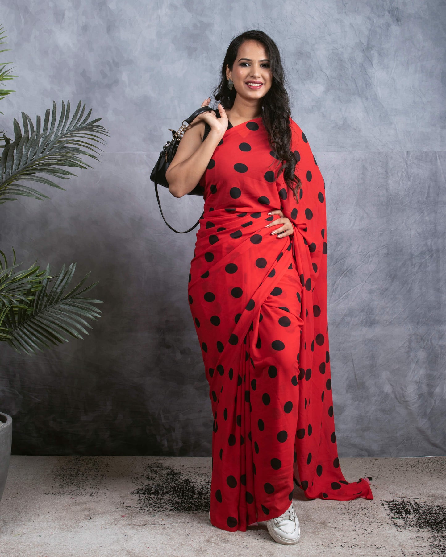 Red And Black Polka Dots Pattern Digital Print Georgette Saree With Tassels