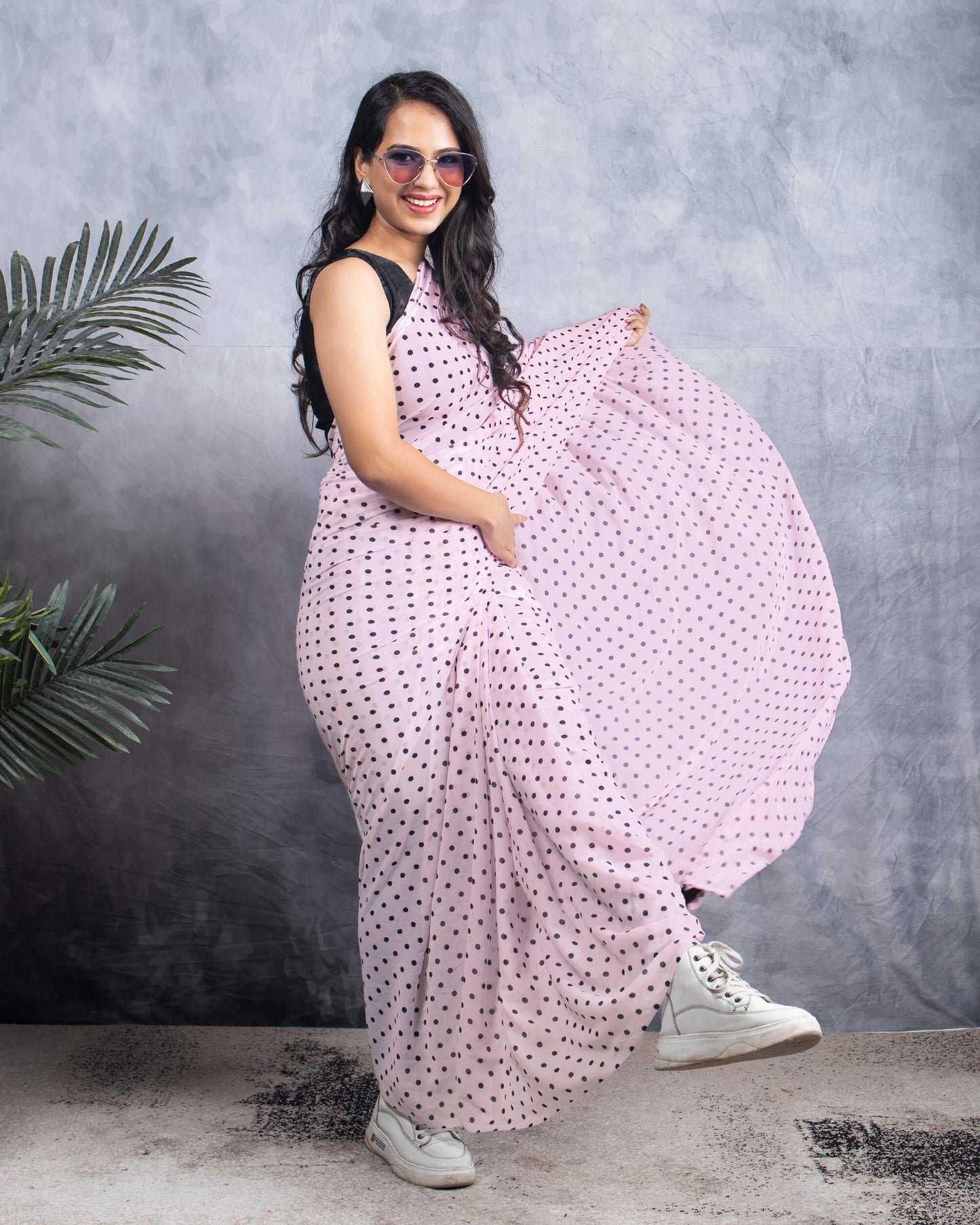 Pale Pink And Black Polka Dots Pattern Digital Print Georgette Saree With Tassels