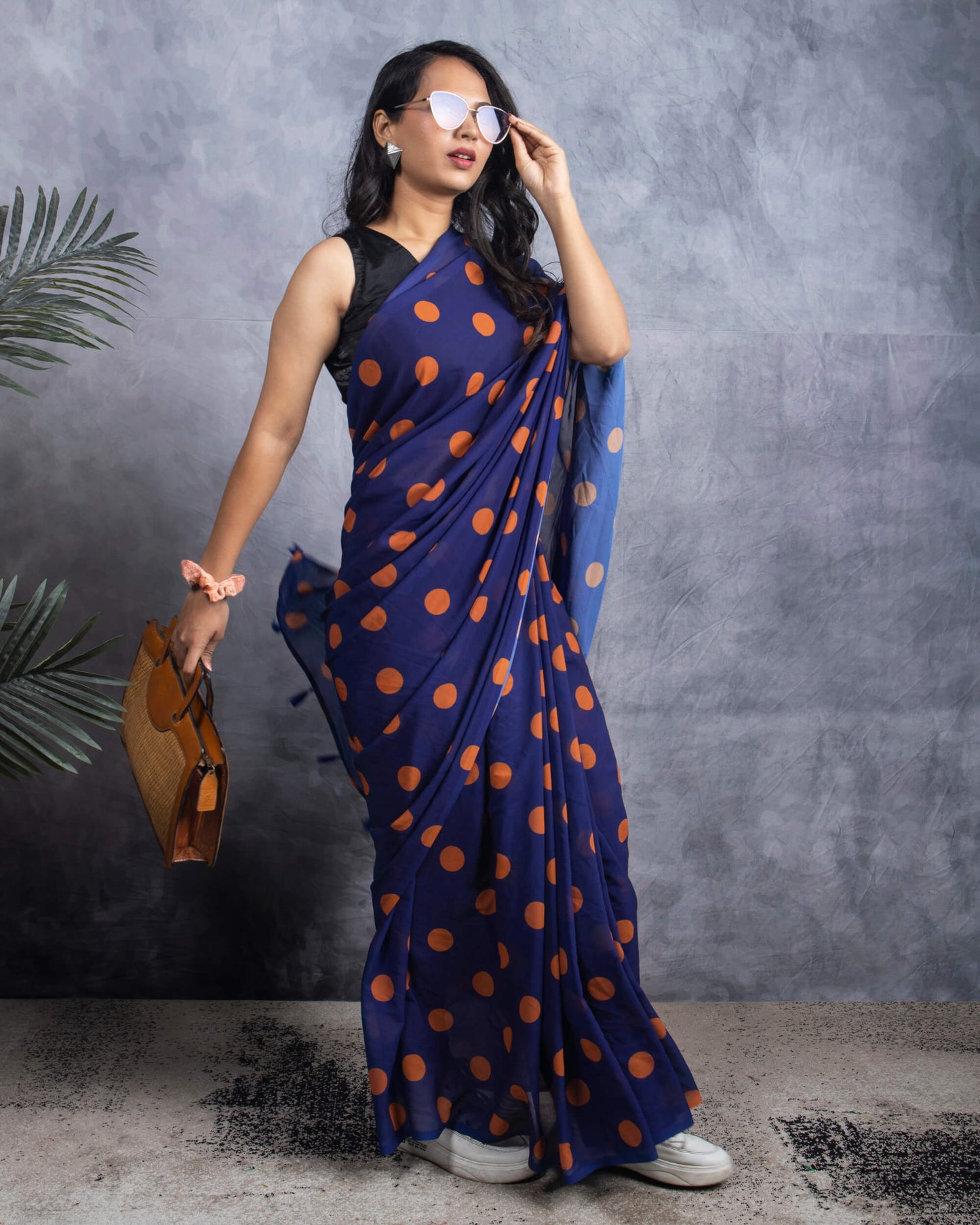 Navy Blue And Ochre Orange Polka Dots Pattern Digital Print Georgette Saree With Tassels