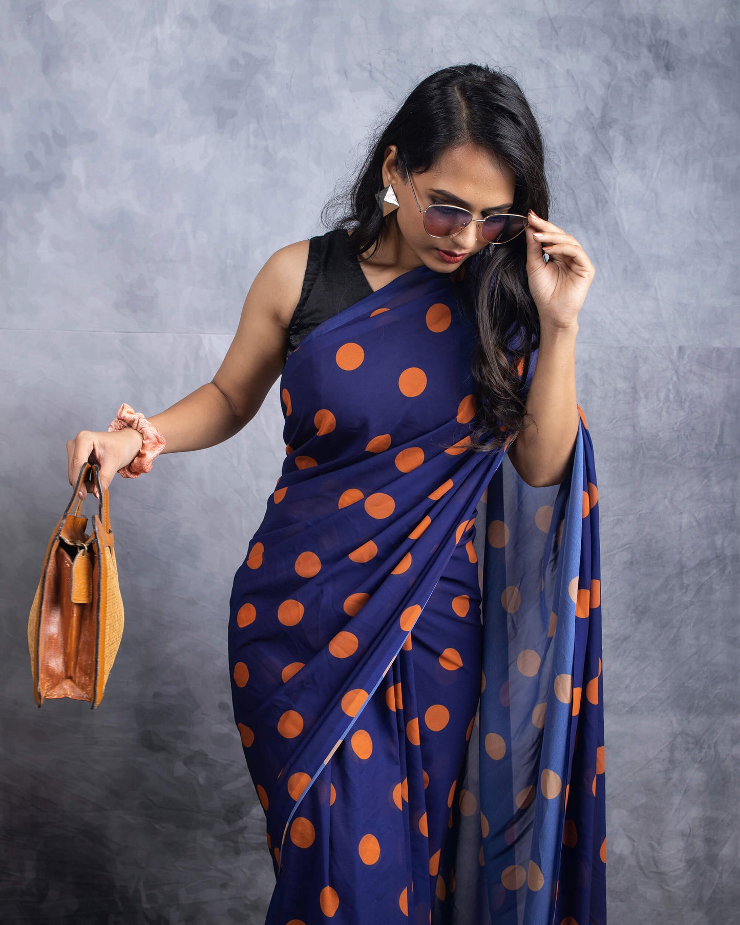 Navy Blue And Ochre Orange Polka Dots Pattern Digital Print Georgette Saree With Tassels