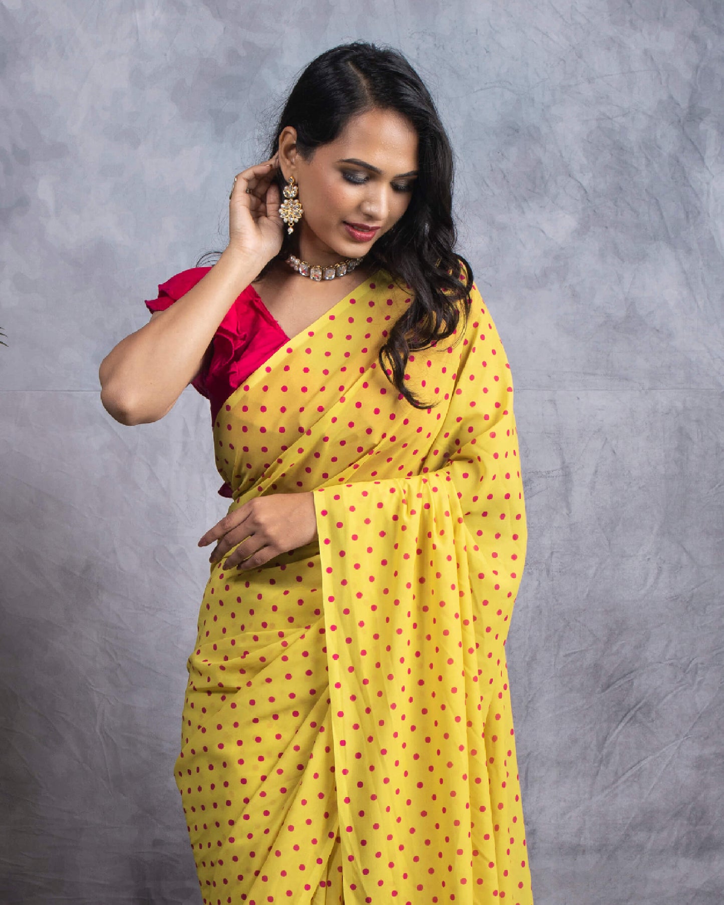 Bumblebee Yellow And Pink Polka Dots Pattern Digital Print Georgette Saree With Tassels