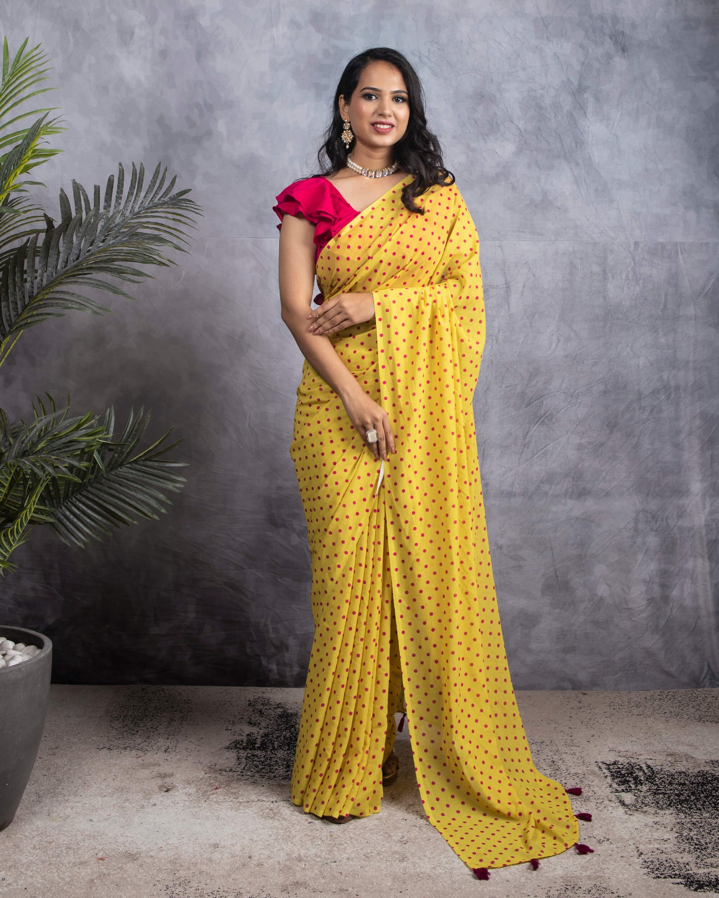 Bumblebee Yellow And Pink Polka Dots Pattern Digital Print Georgette Saree With Tassels