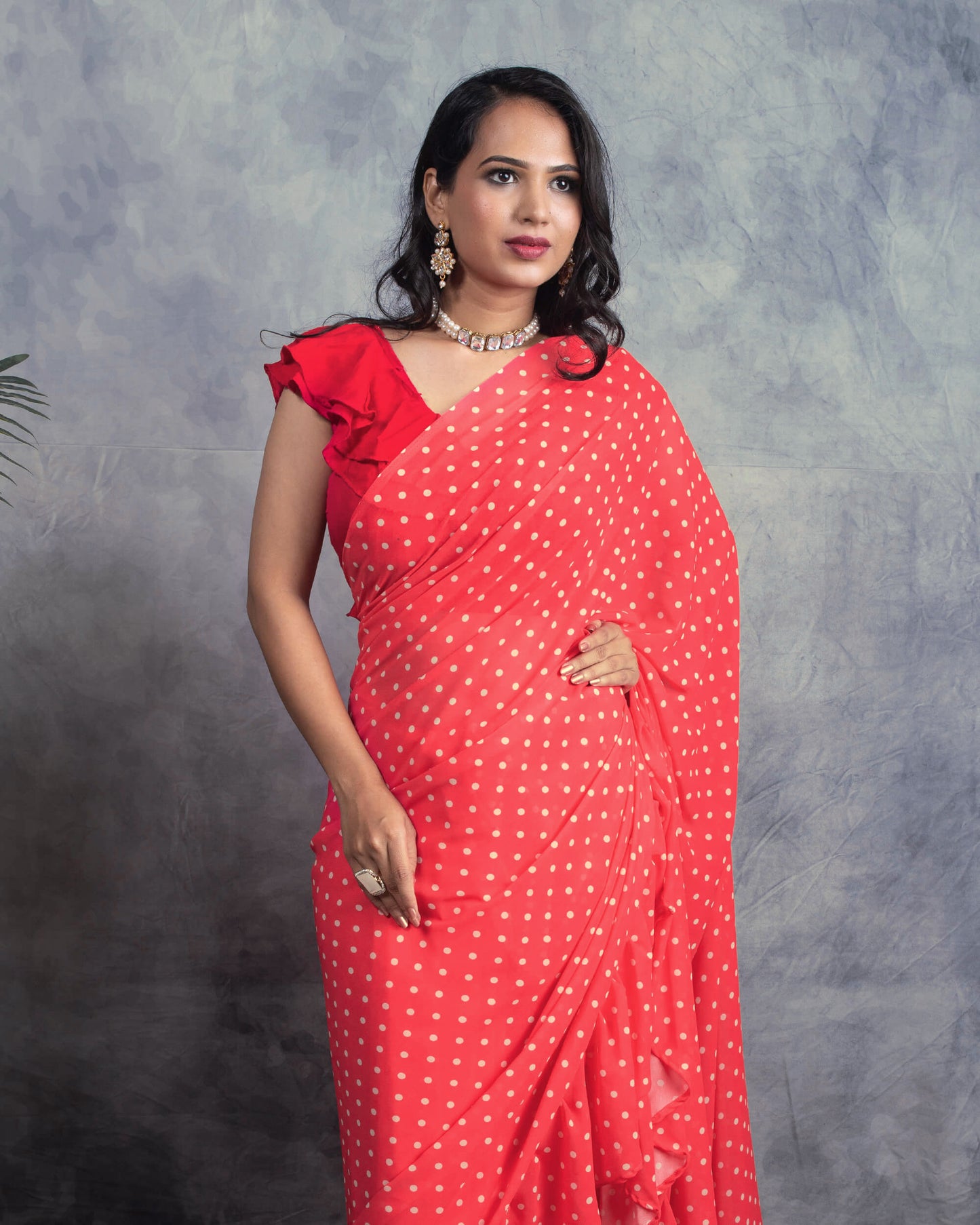 Strawberry Pink Polka Dots Digital Print Georgette Ruffle Saree