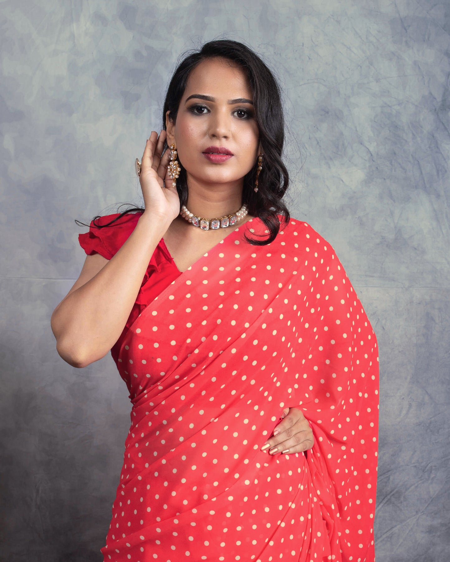 Strawberry Pink Polka Dots Digital Print Georgette Ruffle Saree