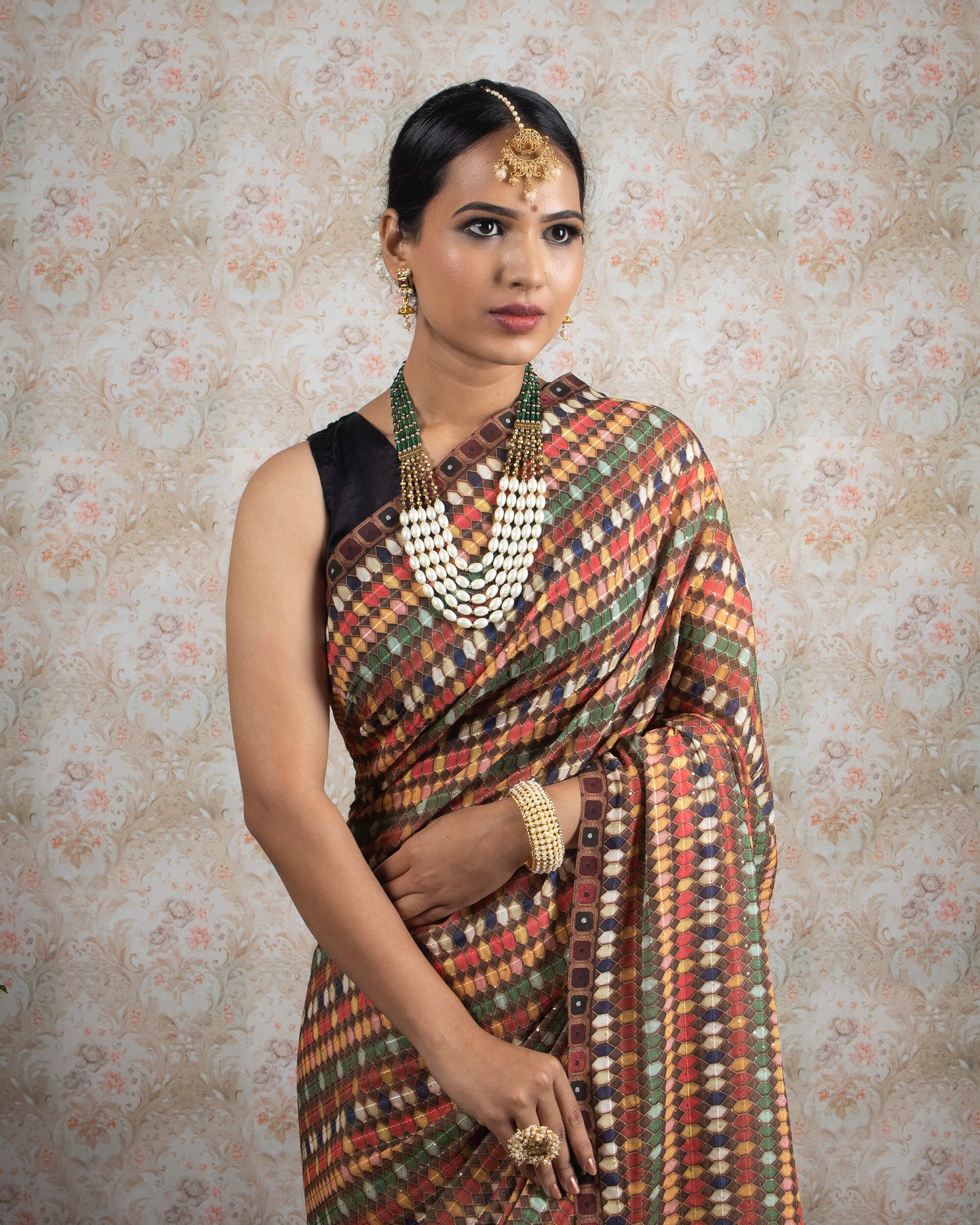 Multi-Color Geometric Pattren Sequins Georgette Saree With Tassels