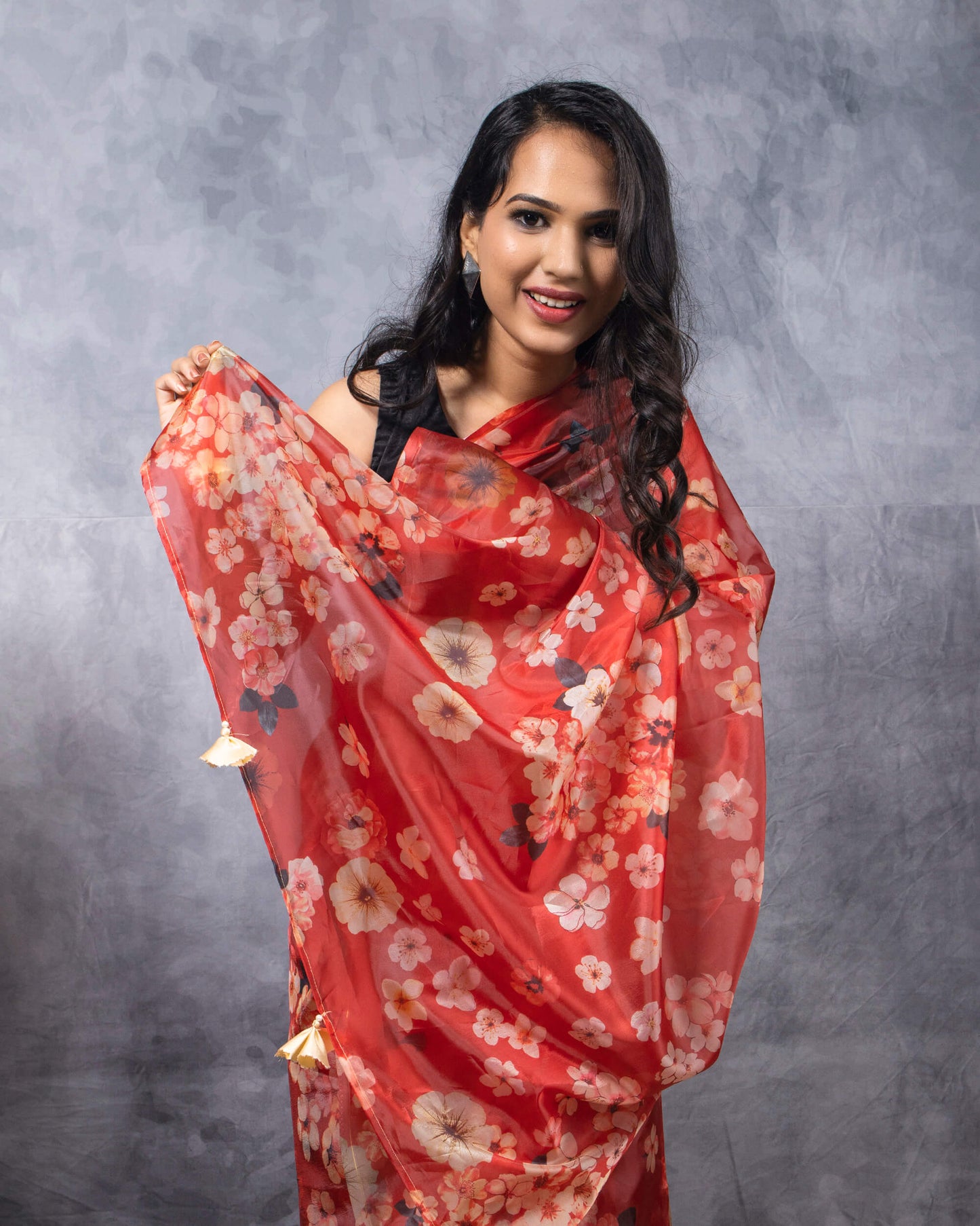 Wine Red And Beige Floral Pattern Liquid Organza Saree With Tassels