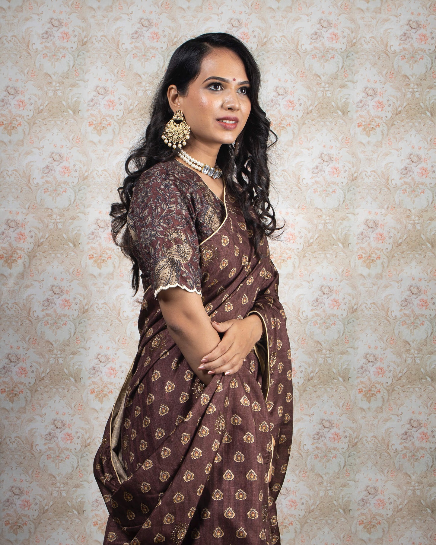 Coffee Brown And Beige Booti Pattern Digital Print Premium Swarovski Hand Work Art Tussar Silk Saree