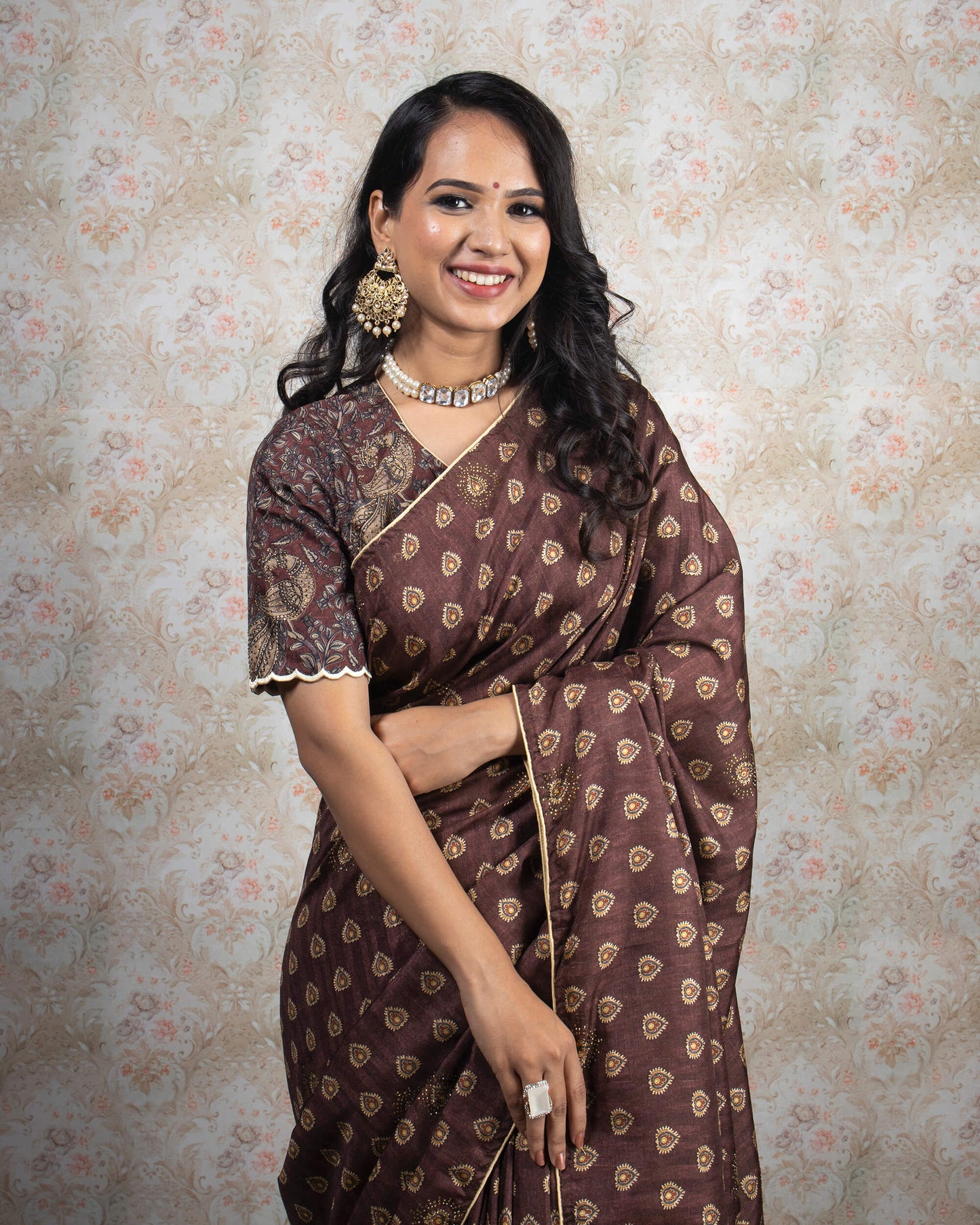 Coffee Brown And Beige Booti Pattern Digital Print Premium Swarovski Hand Work Art Tussar Silk Saree
