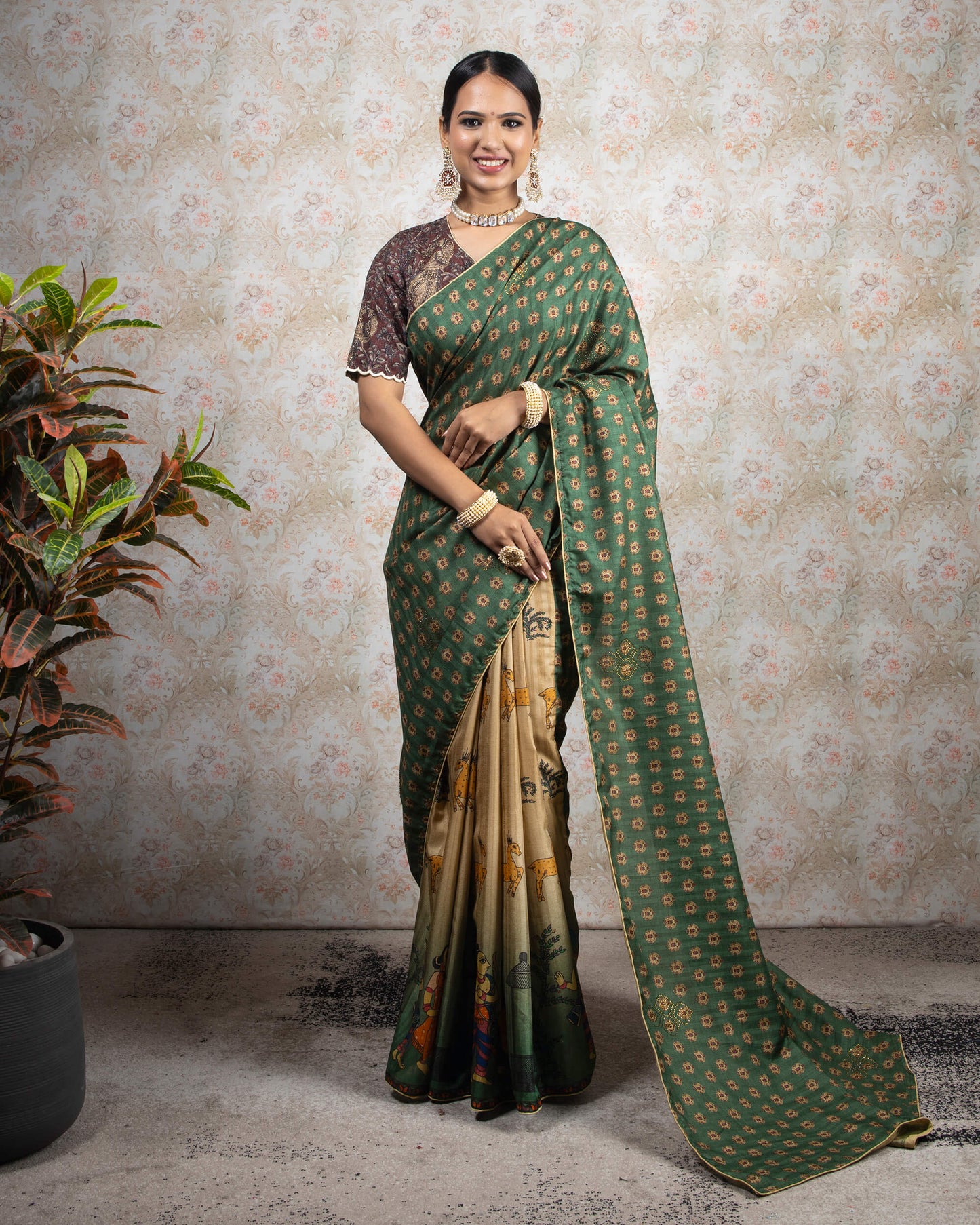 Hunter Green And Beige Booti Pattern Digital Print Premium Swarovski Hand Work Art Tussar Silk Saree