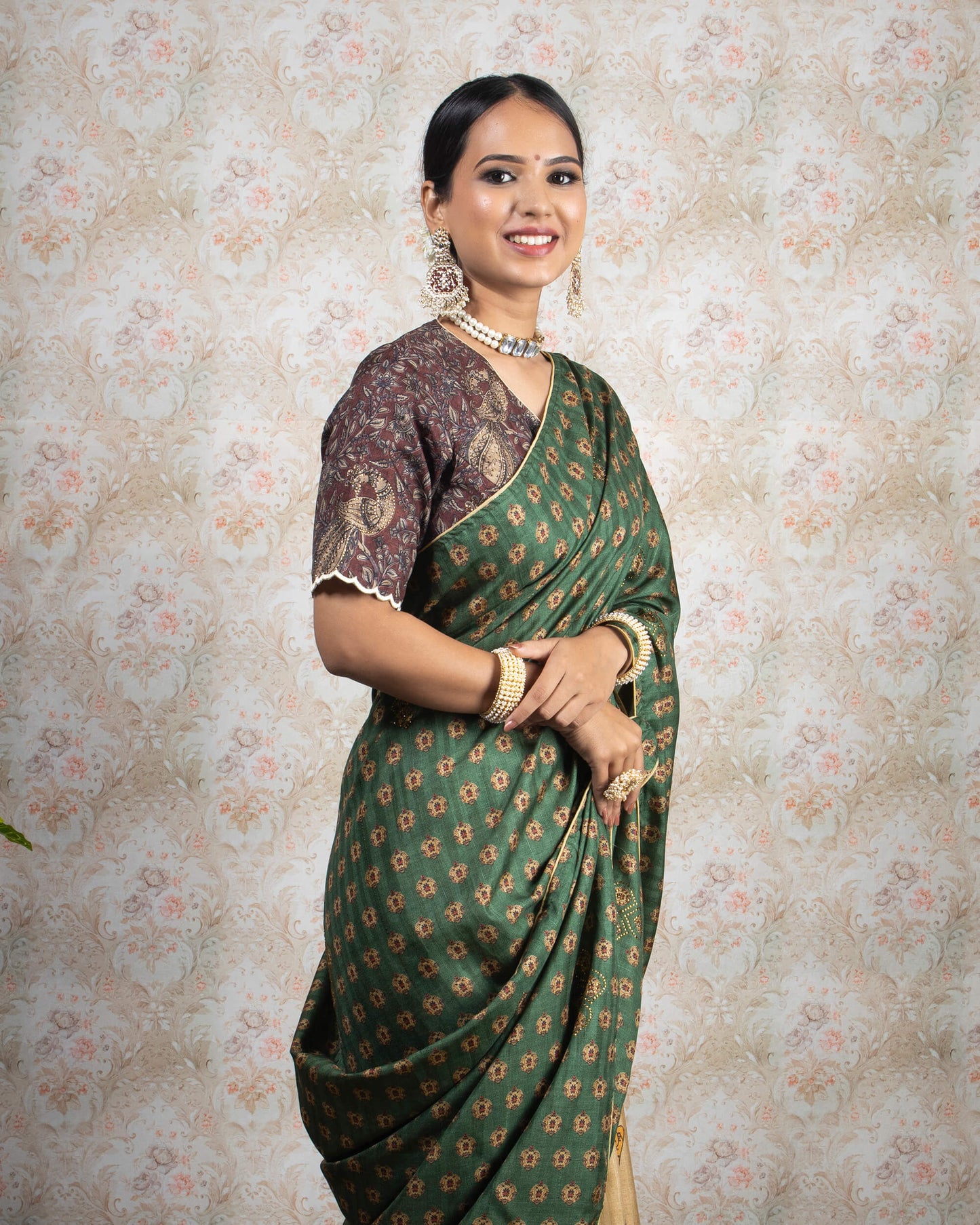 Hunter Green And Beige Booti Pattern Digital Print Premium Swarovski Hand Work Art Tussar Silk Saree