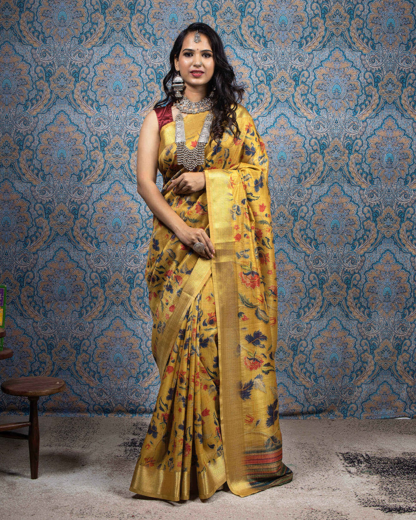 Tusany Yellow And Navy Blue Kalamkari Pattern Digital Print Art Tussar Silk Saree With Zari Jacquard Border