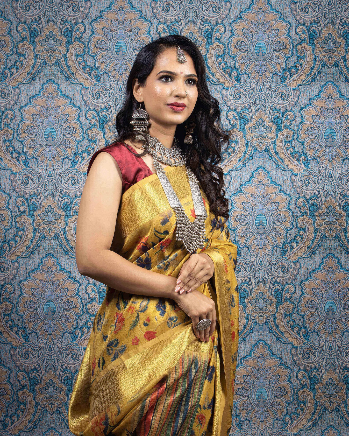 Tusany Yellow And Navy Blue Kalamkari Pattern Digital Print Art Tussar Silk Saree With Zari Jacquard Border