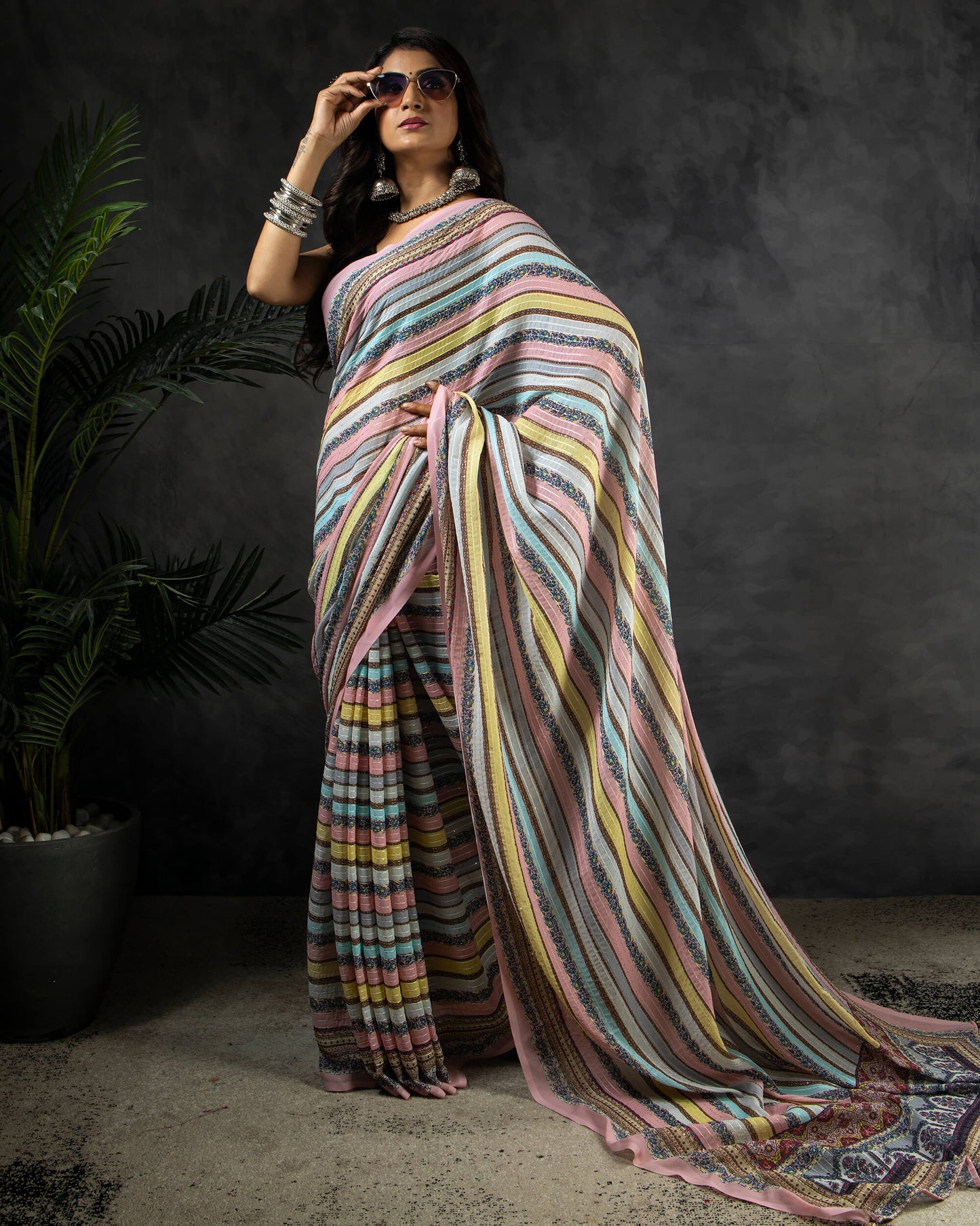 Multi-Color Stripes Pattern Premium Sequins Georgette Saree With Tassels