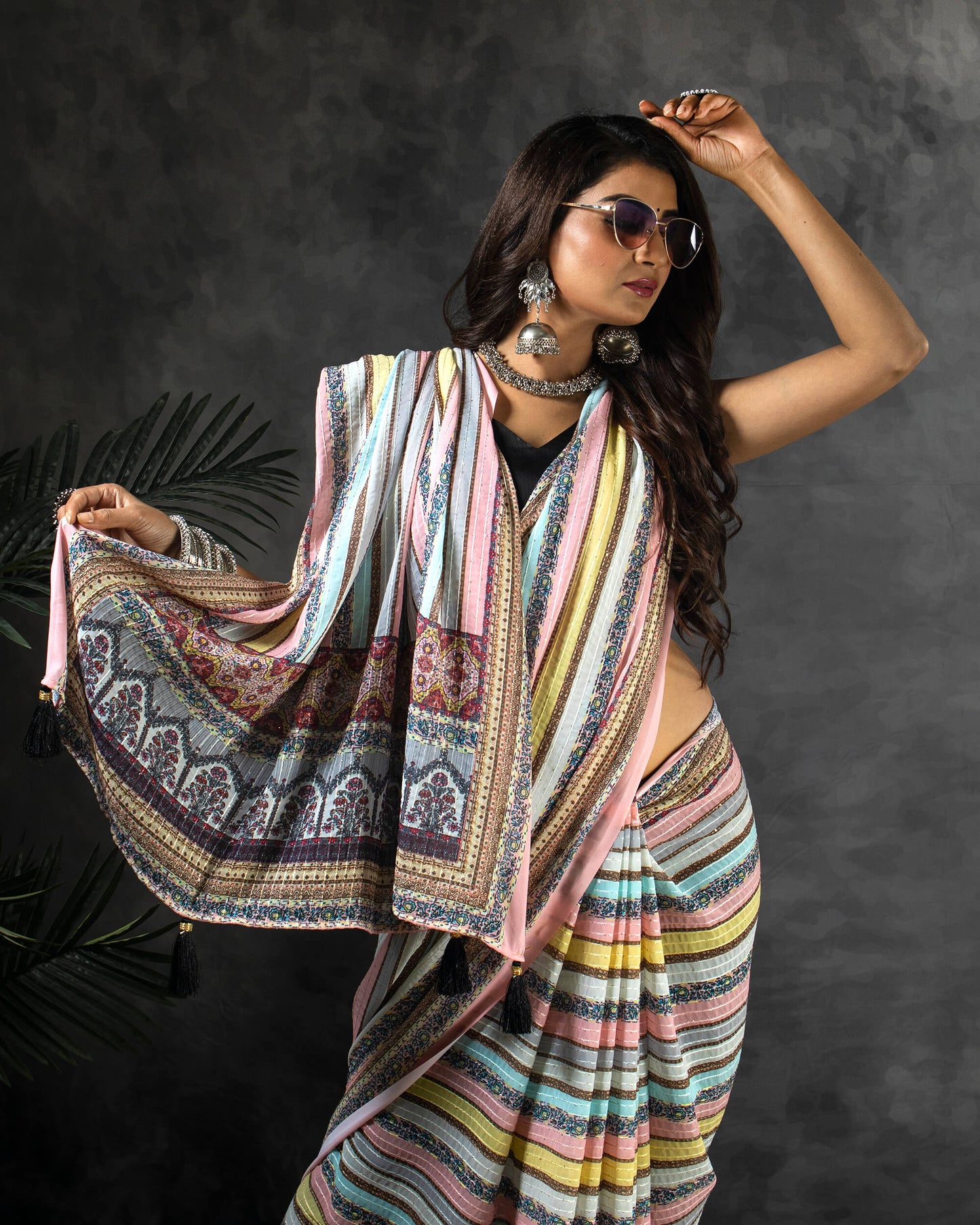 Multi-Color Stripes Pattern Premium Sequins Georgette Saree With Tassels