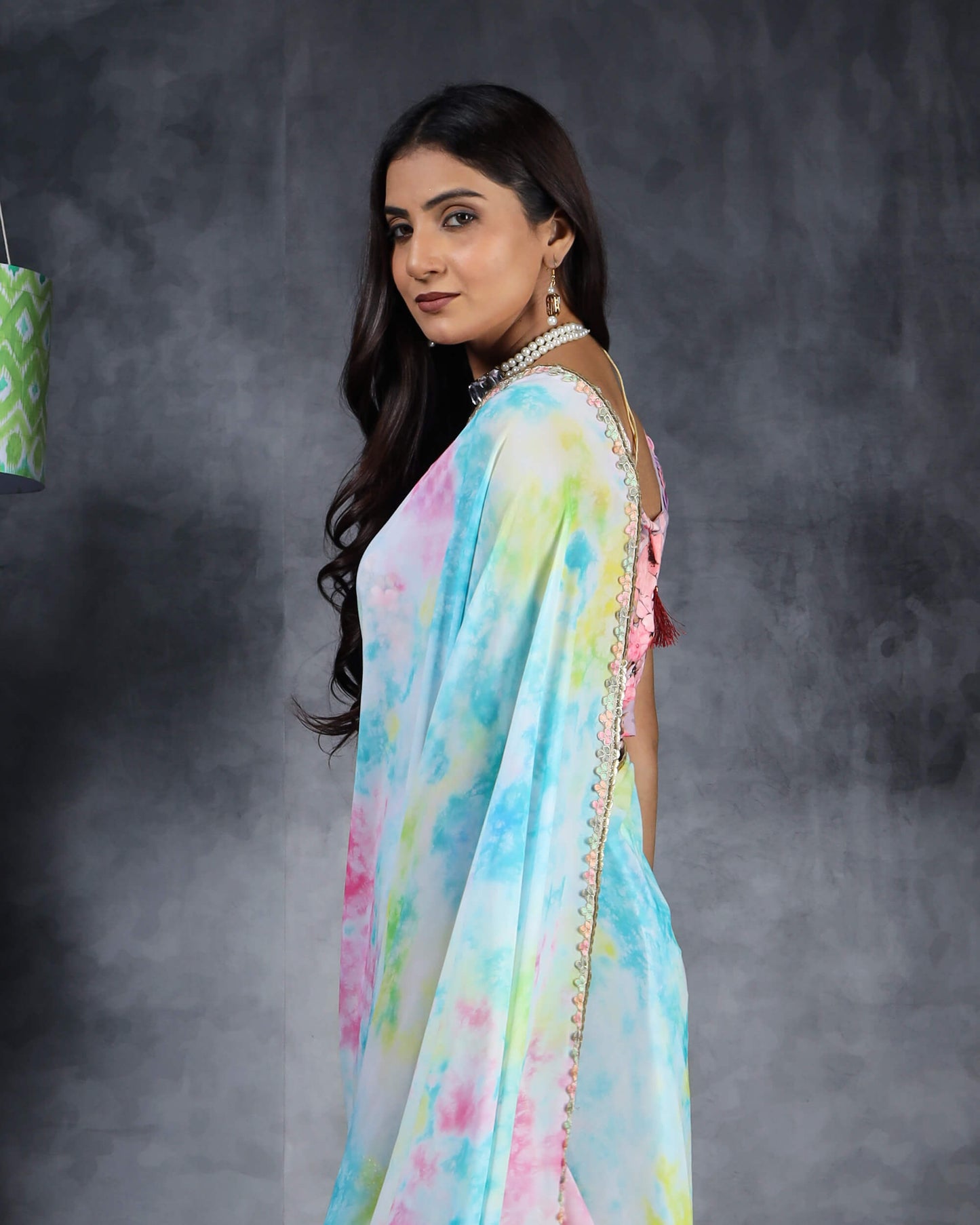 Sky Blue And Pink Tye And Dye Pattern Digital Print Georgette Saree With Sequins Lace Border