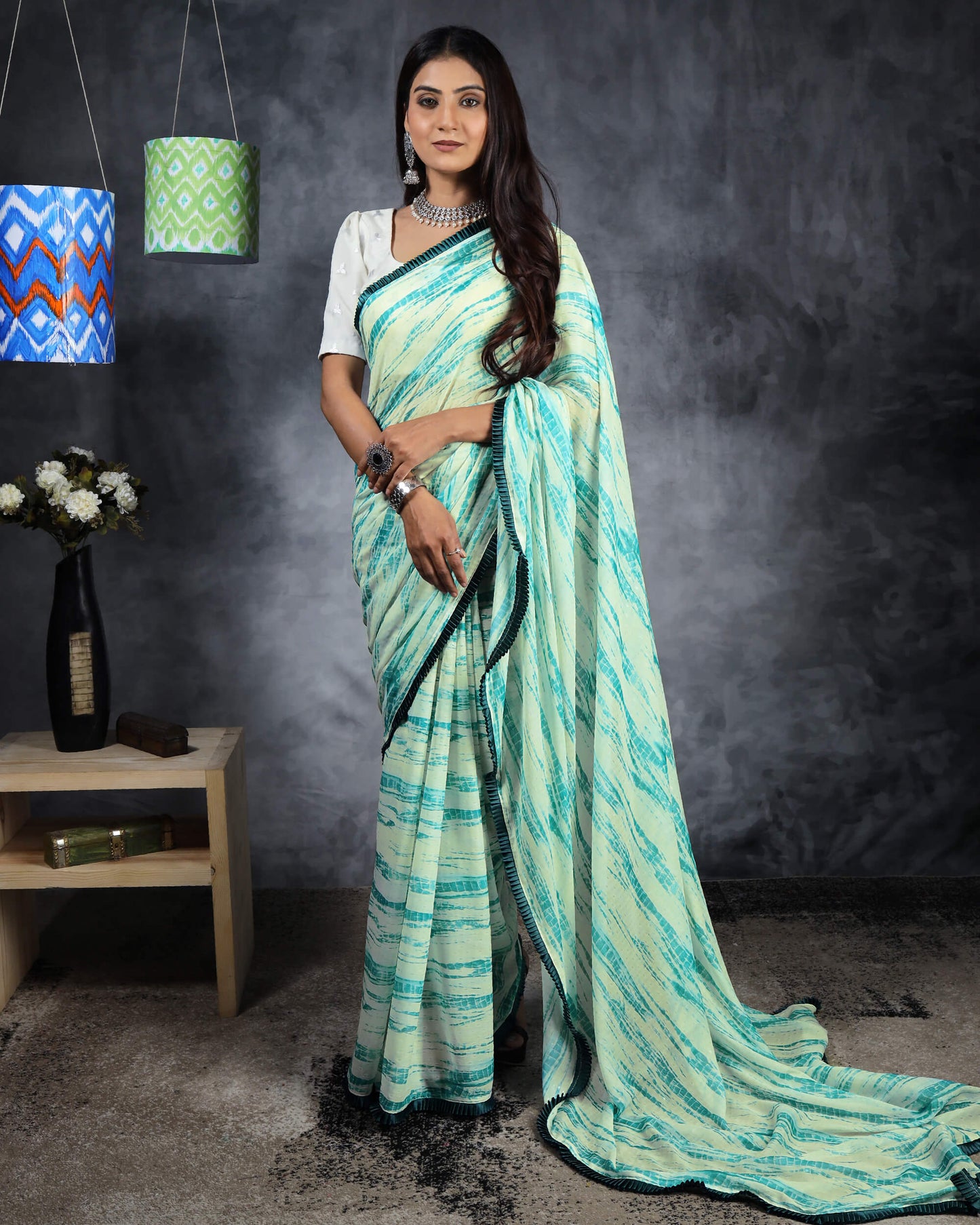 Persian Green And Cream Shibori Pattern Digital Print Water Lurex Chiffon Saree With Satin Border
