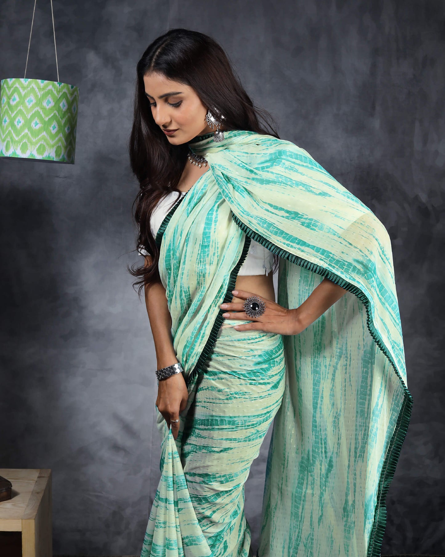 Persian Green And Cream Shibori Pattern Digital Print Water Lurex Chiffon Saree With Satin Border