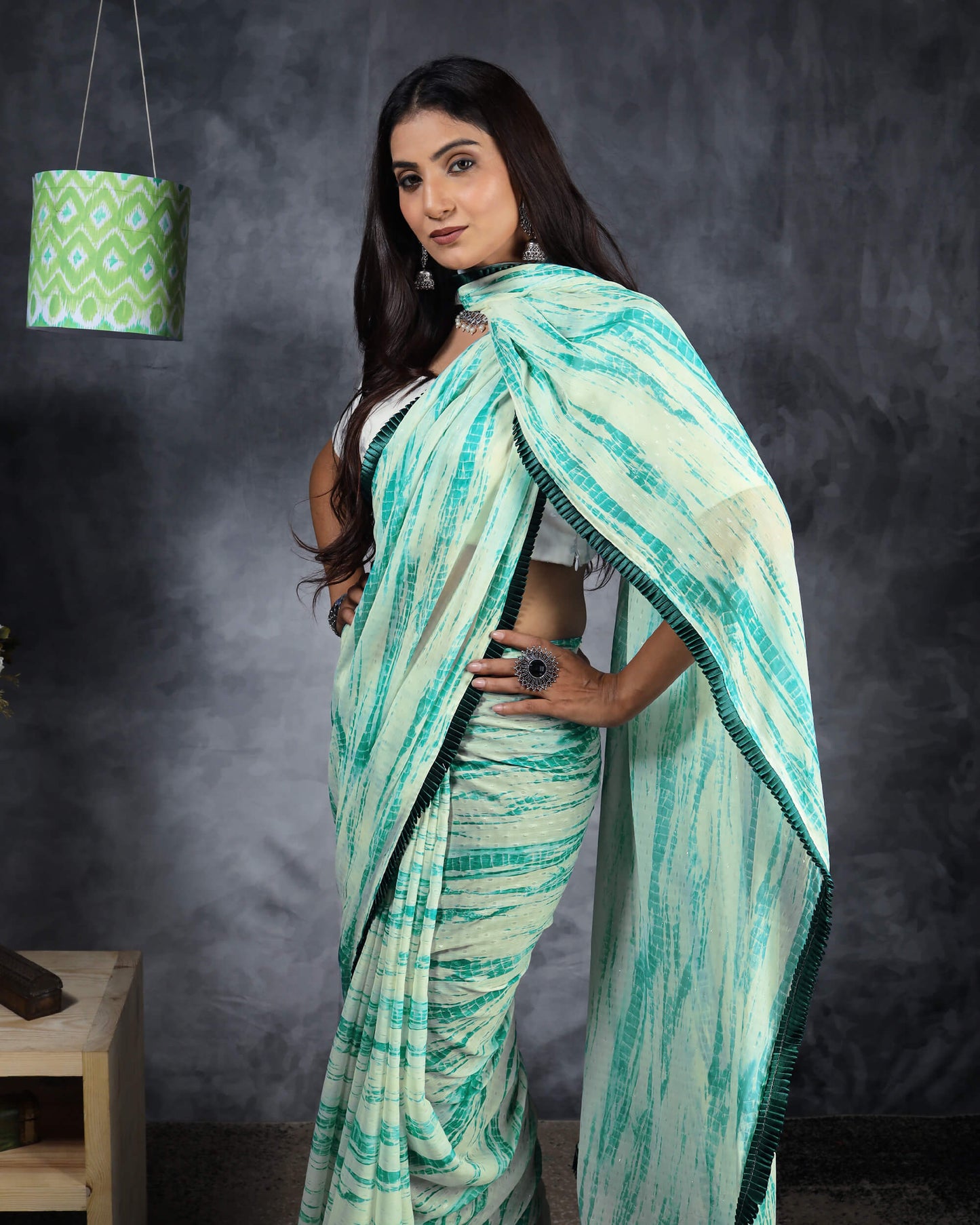 Persian Green And Cream Shibori Pattern Digital Print Water Lurex Chiffon Saree With Satin Border