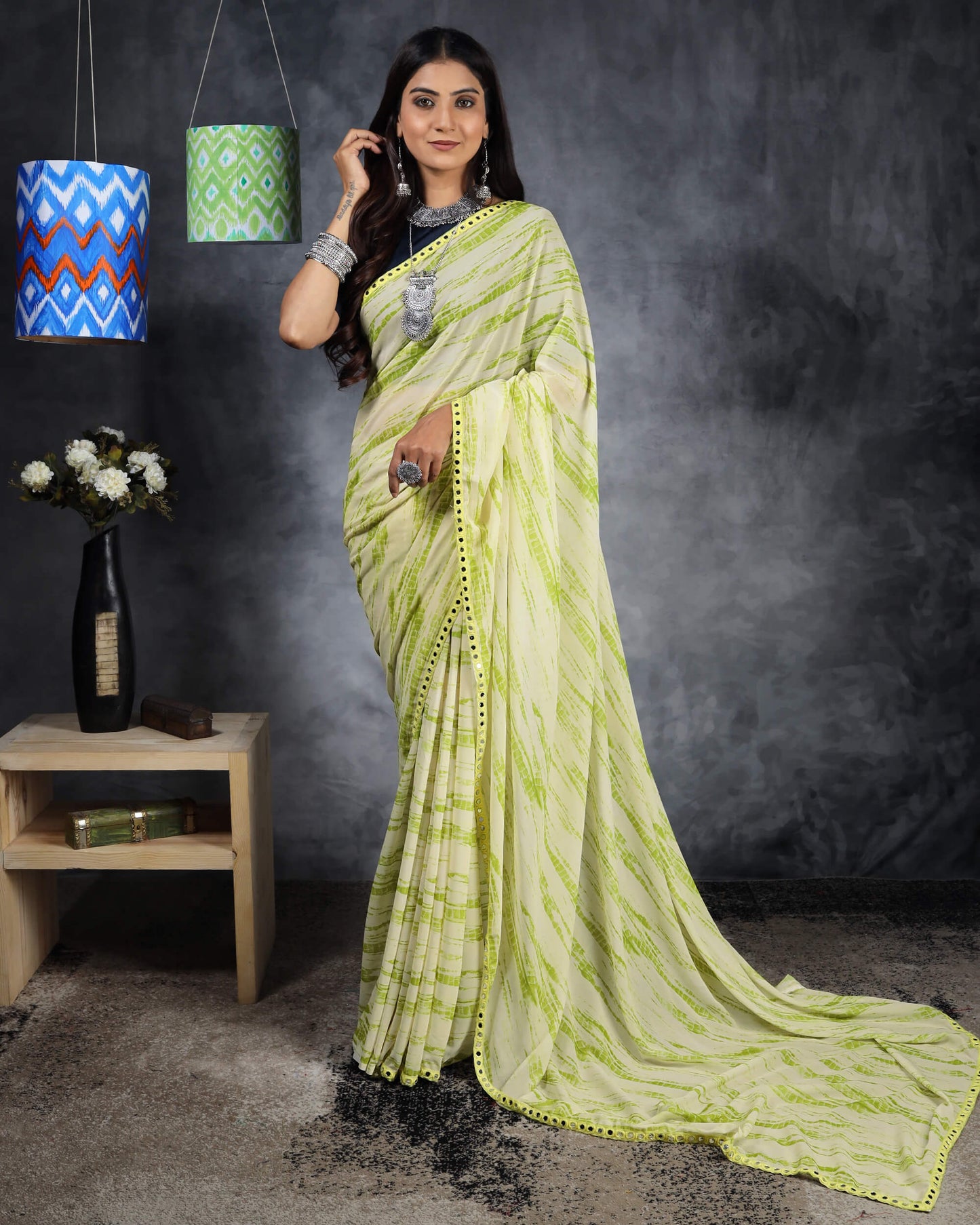 Lime Green And White Shiiborii Pattern Digital Print Crepe Silk Saree With Mirror Work Lace Border