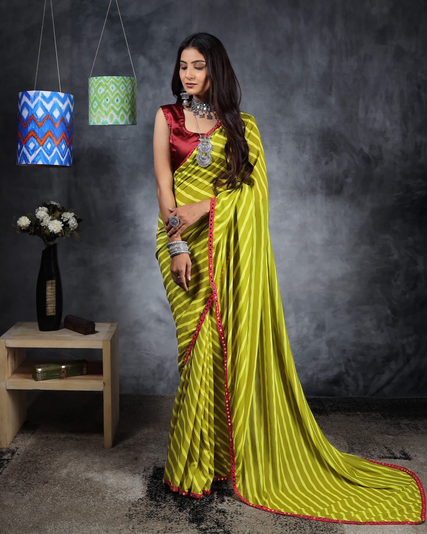 Moss Green Leheriya Pattern Digital Print Georgette Saree With Mirror Work Lace Border