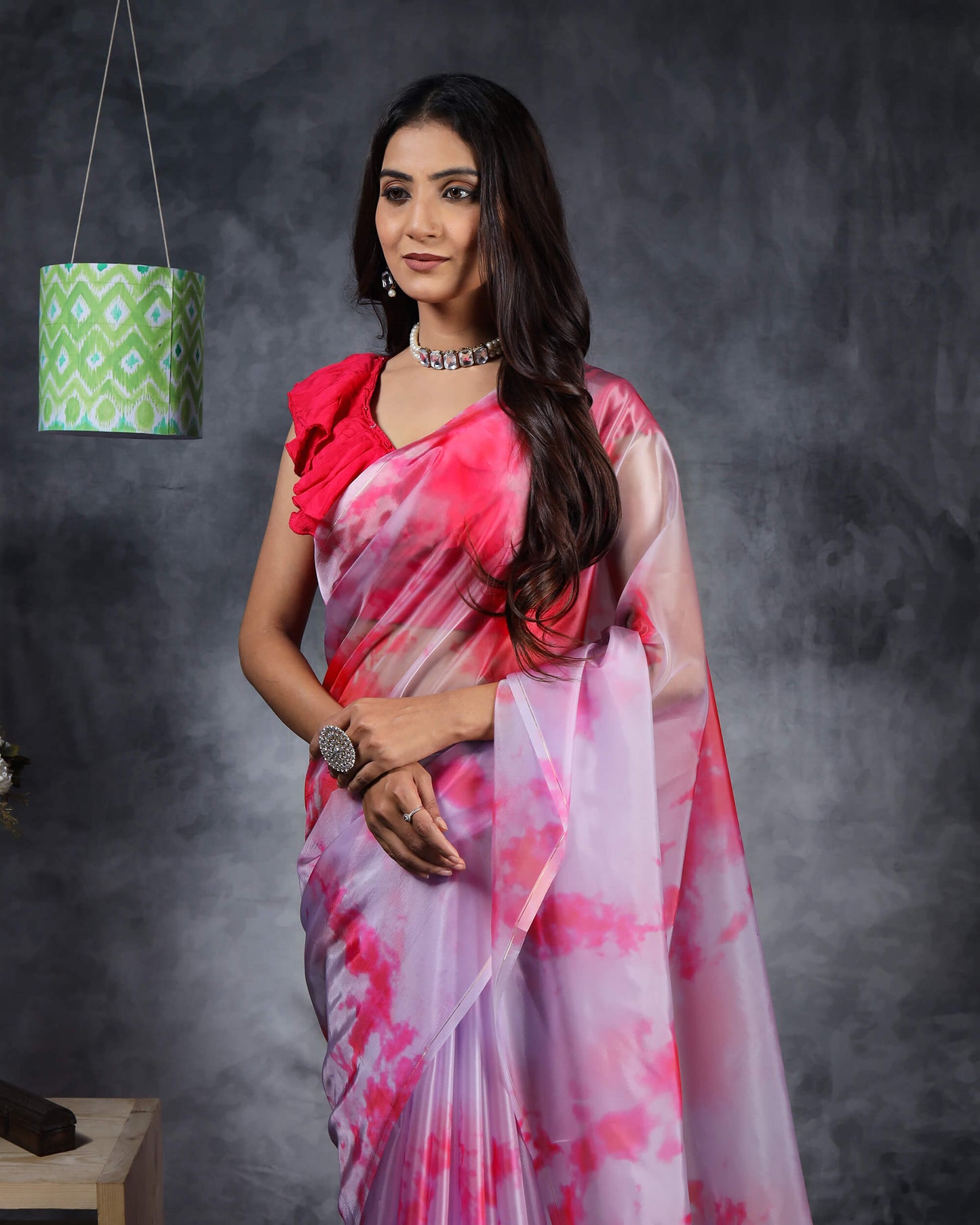 Pink Tye And Dye Pattern Liquid Organza Saree