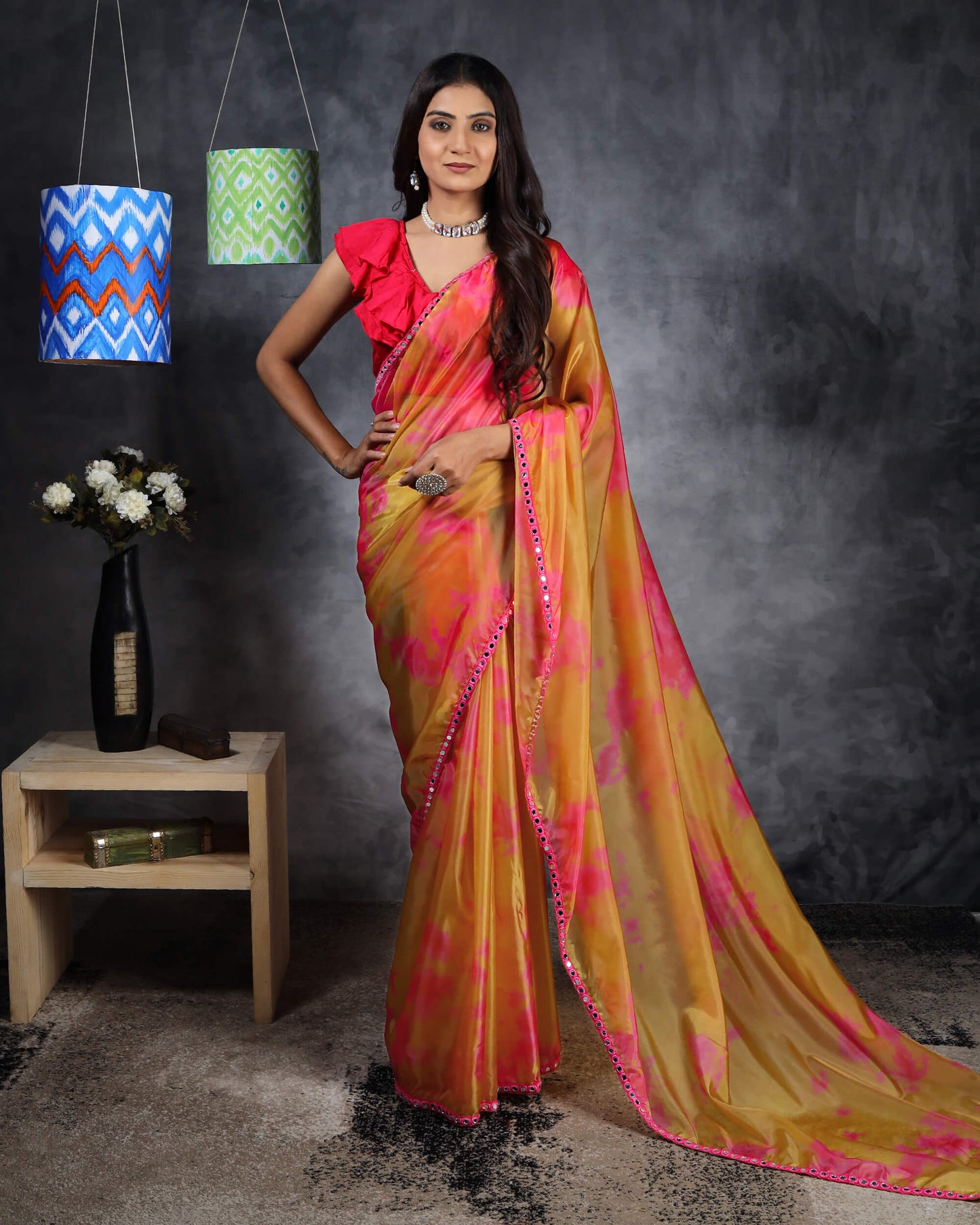 Mustard Yellow And Pink Tye And Dye Pattern Liquid Organza Saree With Mirror Work Lace Border