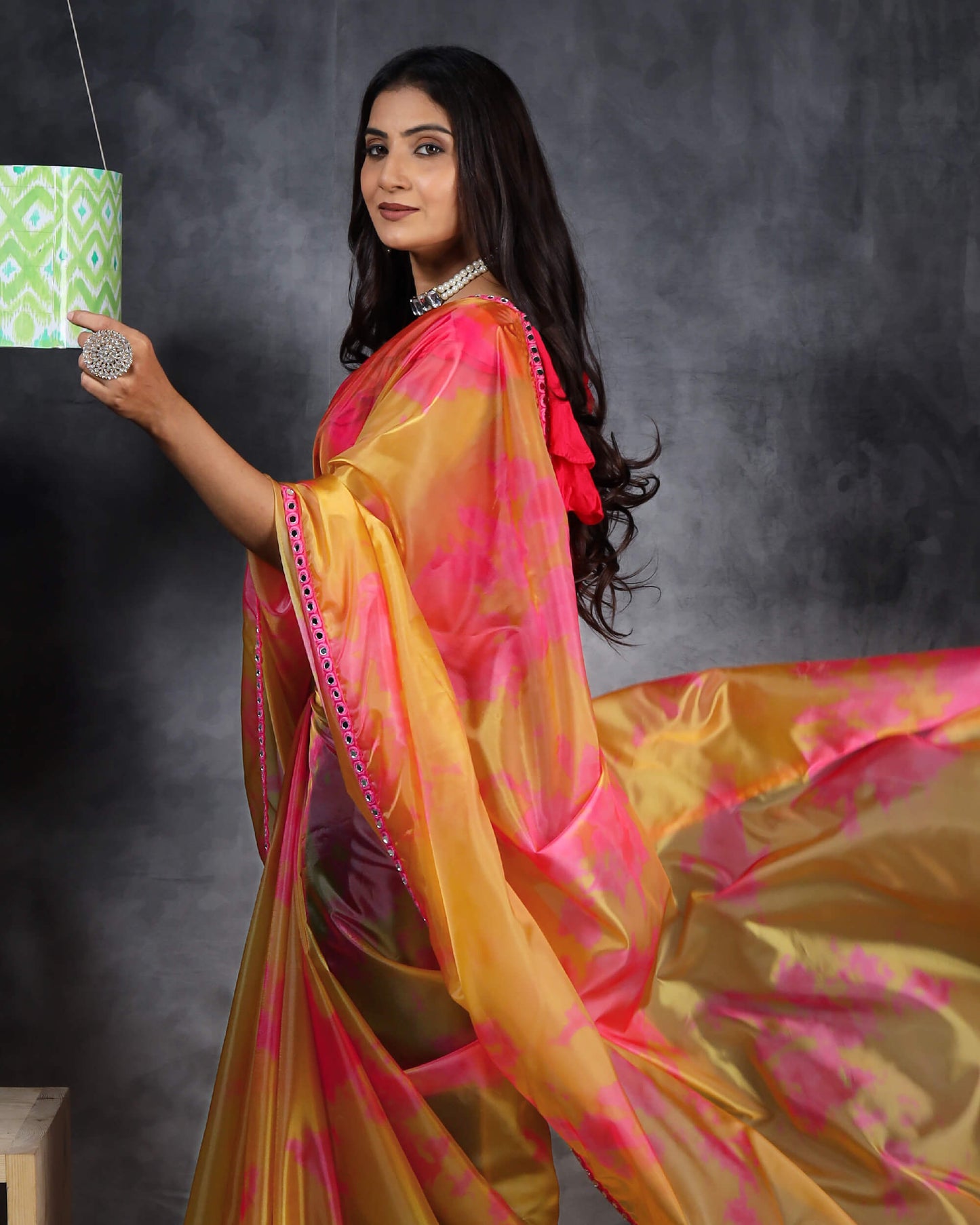 Mustard Yellow And Pink Tye And Dye Pattern Liquid Organza Saree With Mirror Work Lace Border